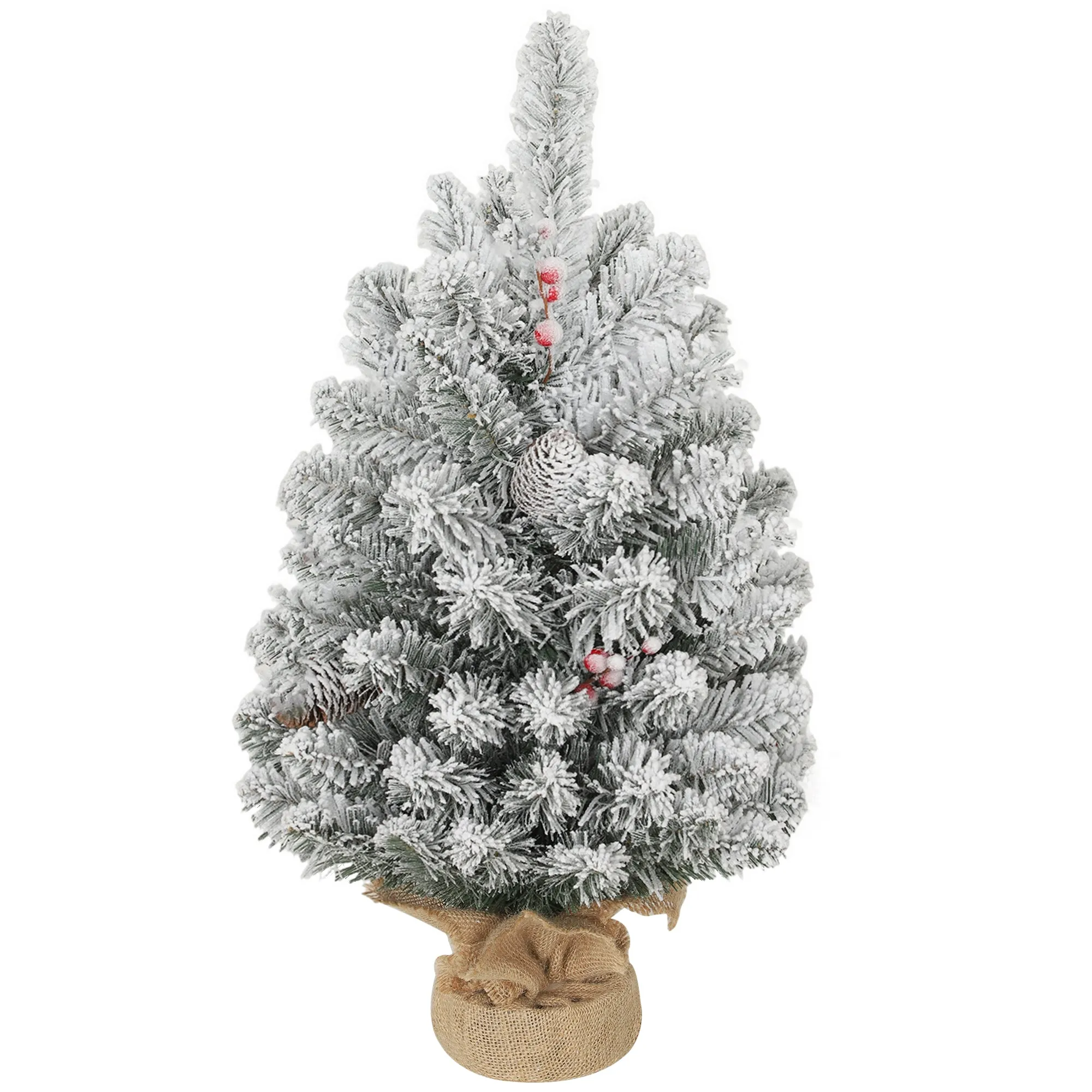 Small Christmas Tree 60cm Tall with 72 Snow-Covered Branches, Pine Cones and Red Berries, Green