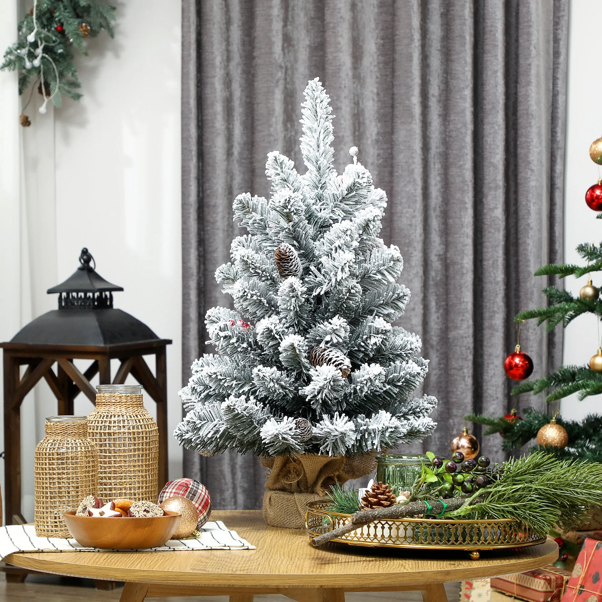 Small Christmas Tree 60cm Tall with 72 Snow-Covered Branches, Pine Cones and Red Berries, Green - Image 2