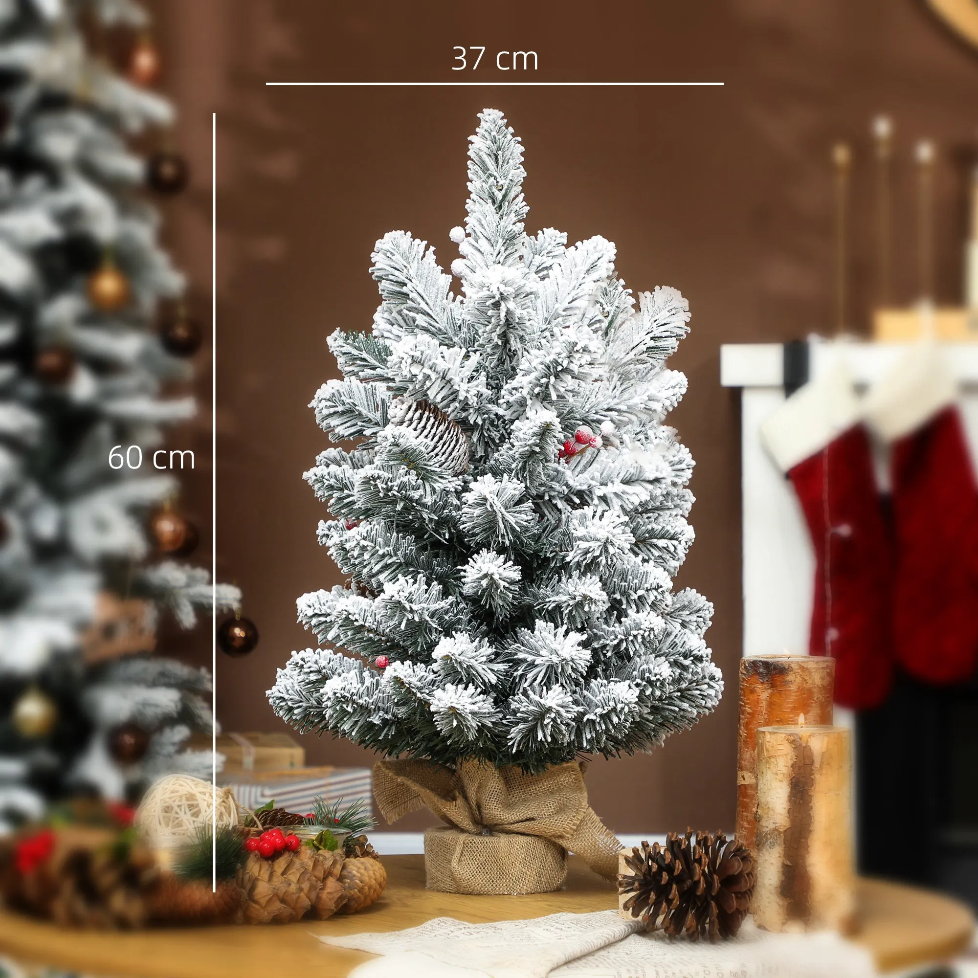Small Christmas Tree 60cm Tall with 72 Snow-Covered Branches, Pine Cones and Red Berries, Green - Image 3