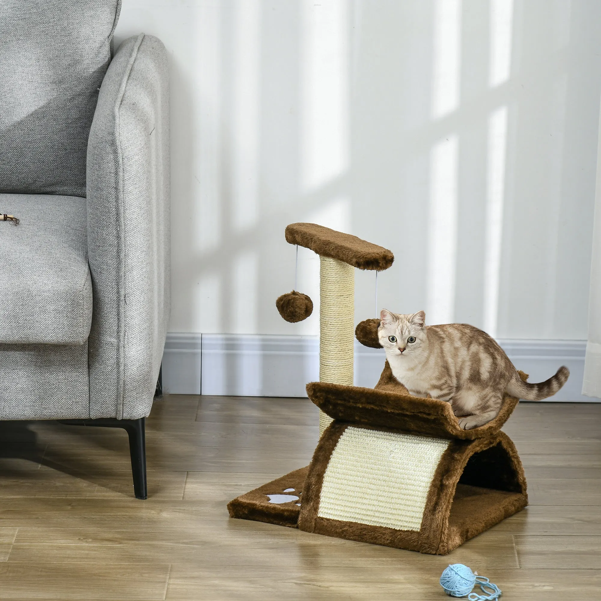 Cat Scratching Post, Cat Tree, Cat Toy, with Bed, 2 Hanging Balls in Natural Sisal, Height 43cm - Image 2