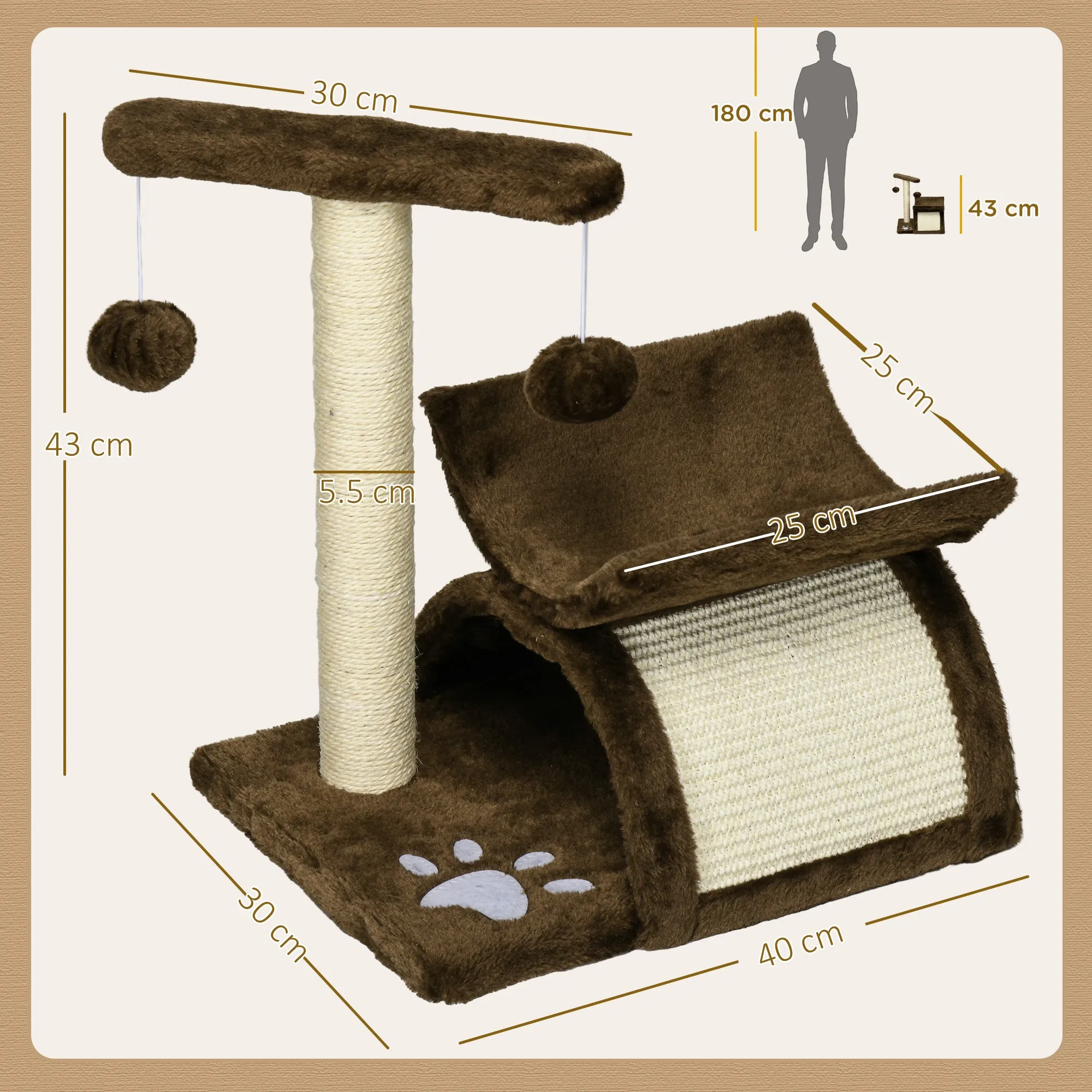 Cat Scratching Post, Cat Tree, Cat Toy, with Bed, 2 Hanging Balls in Natural Sisal, Height 43cm - Image 3