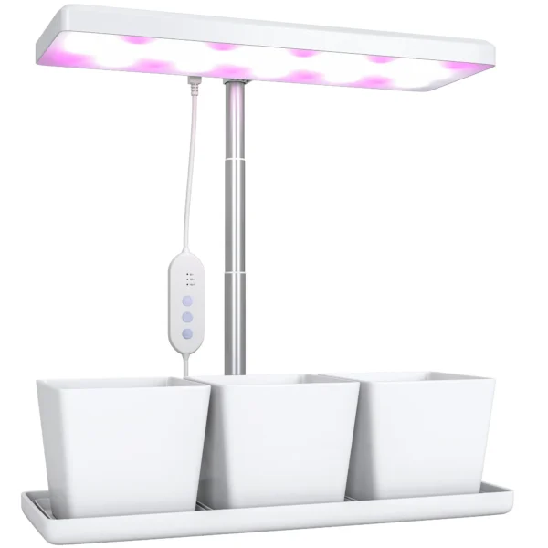 30 LED Plant Grow Lights with 3 Pots, Timer and Dimmable Lighting, 31.8 x 13.4 x 18.6-35.6 cm, White