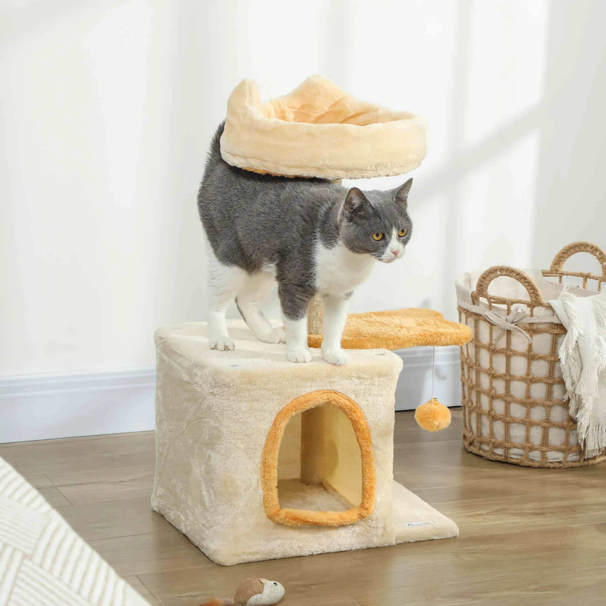 Cat Scratching Tree with Perch and House, Made of Wood, Plush and Sisal, 40x30x72 cm, Beige and Yellow - Image 2