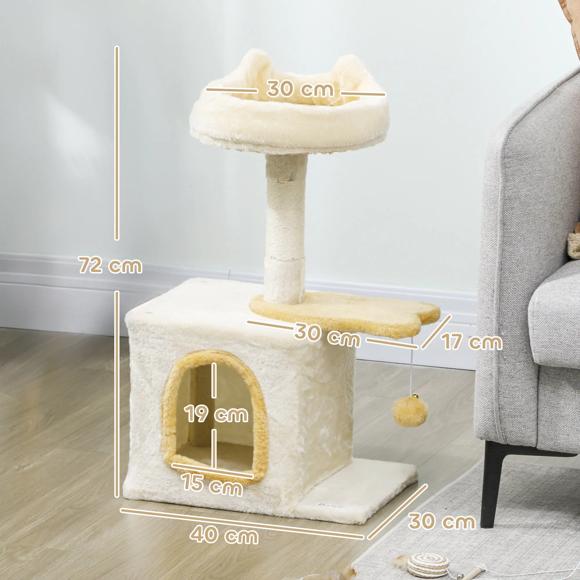 Cat Scratching Tree with Perch and House, Made of Wood, Plush and Sisal, 40x30x72 cm, Beige and Yellow - Image 3