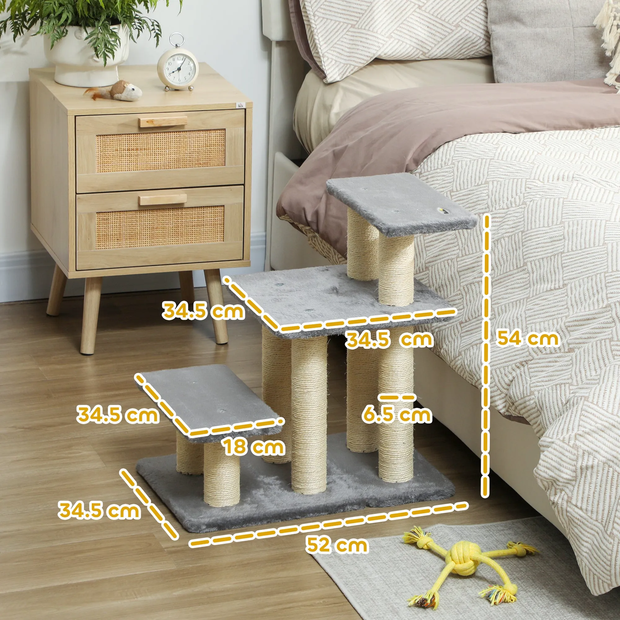 3-Step Plush Dog and Cat Ladder with Sisal Scratching Posts, 10 kg Capacity, Grey - Image 3