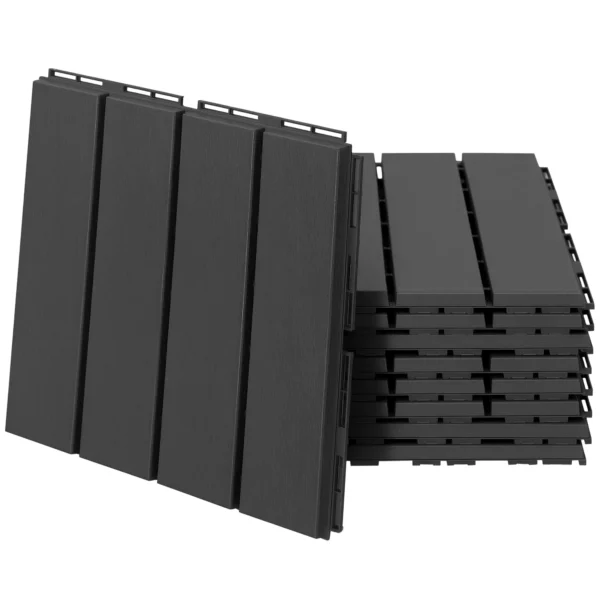 Set of 9 Interlocking Terrace Tiles, Floor Tiles, Non-Slip PP Outdoor Tiles, Area: 0.81 m², 30x30x2cm, Black