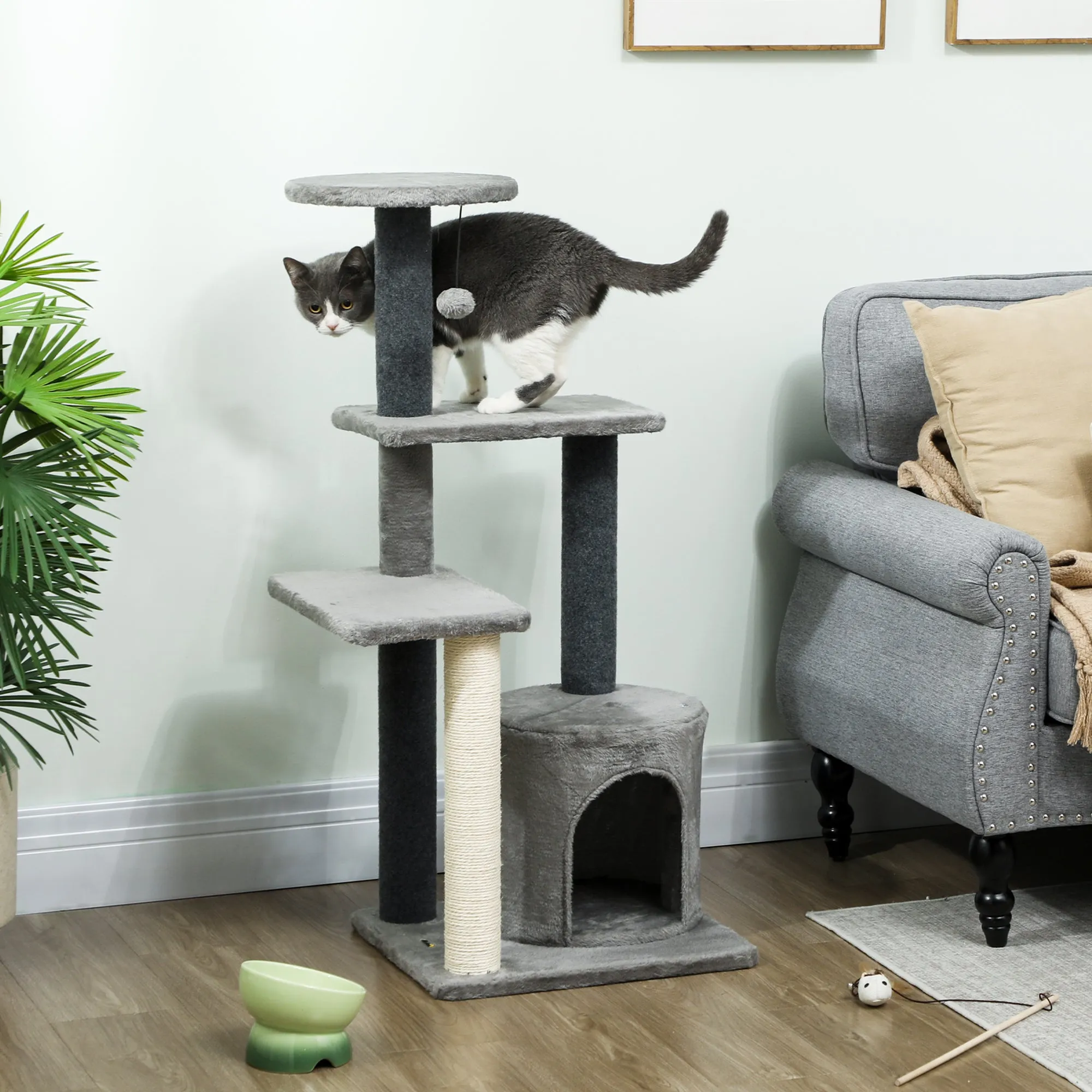 103cm Multi-Level Cat Tree with Sisal Scratching Posts, Playhouse and Plush Ball, Grey - Image 2