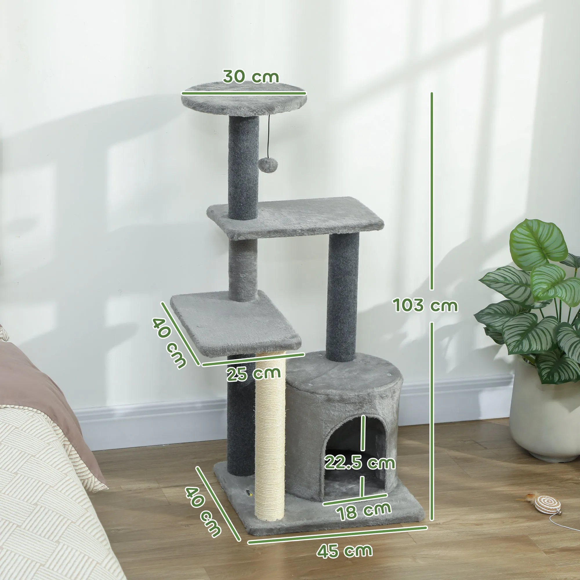 103cm Multi-Level Cat Tree with Sisal Scratching Posts, Playhouse and Plush Ball, Grey - Image 3