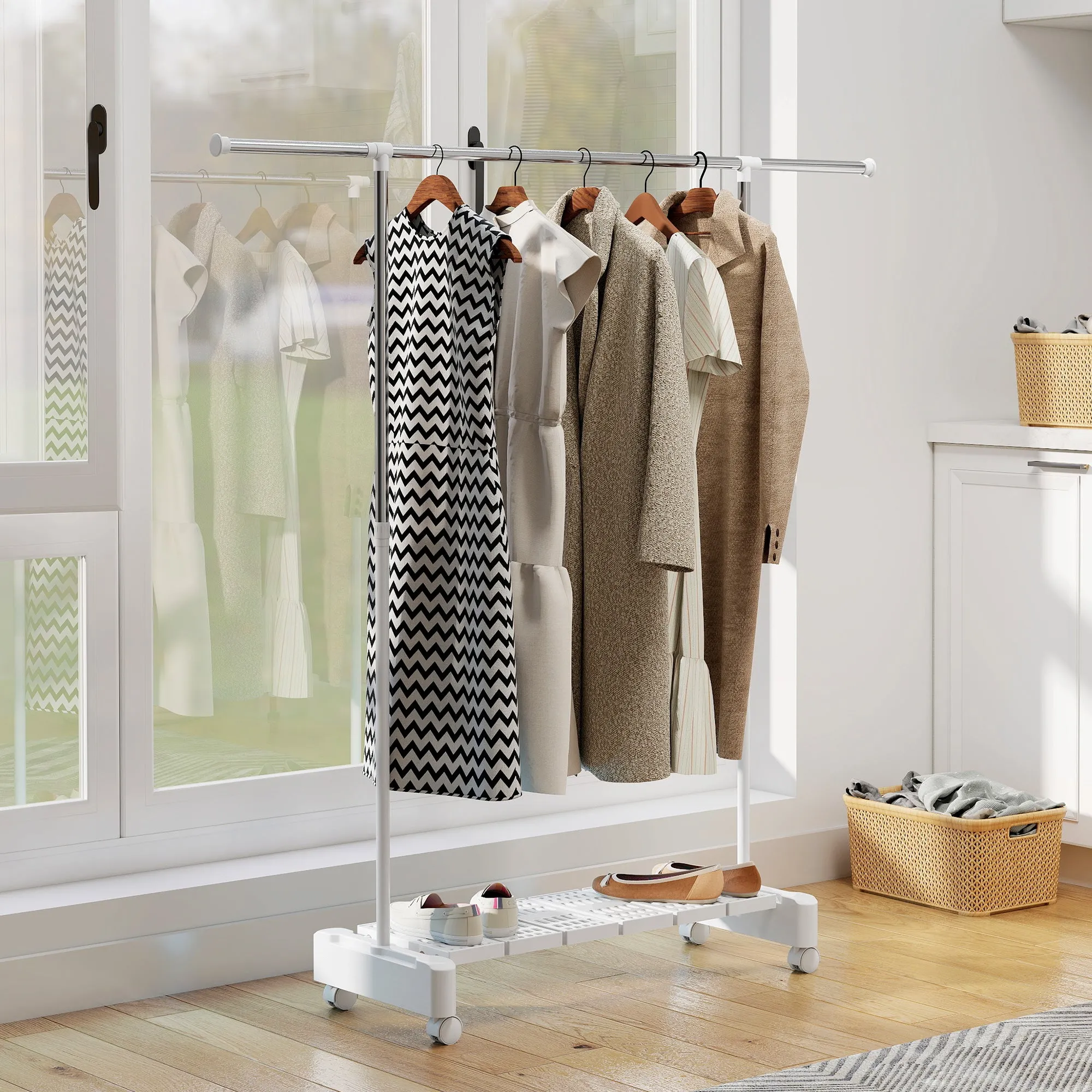 Extendable Clothes Airer with Wheels and Brake, Shoe Rack and Stainless Steel Frame, White - Image 2