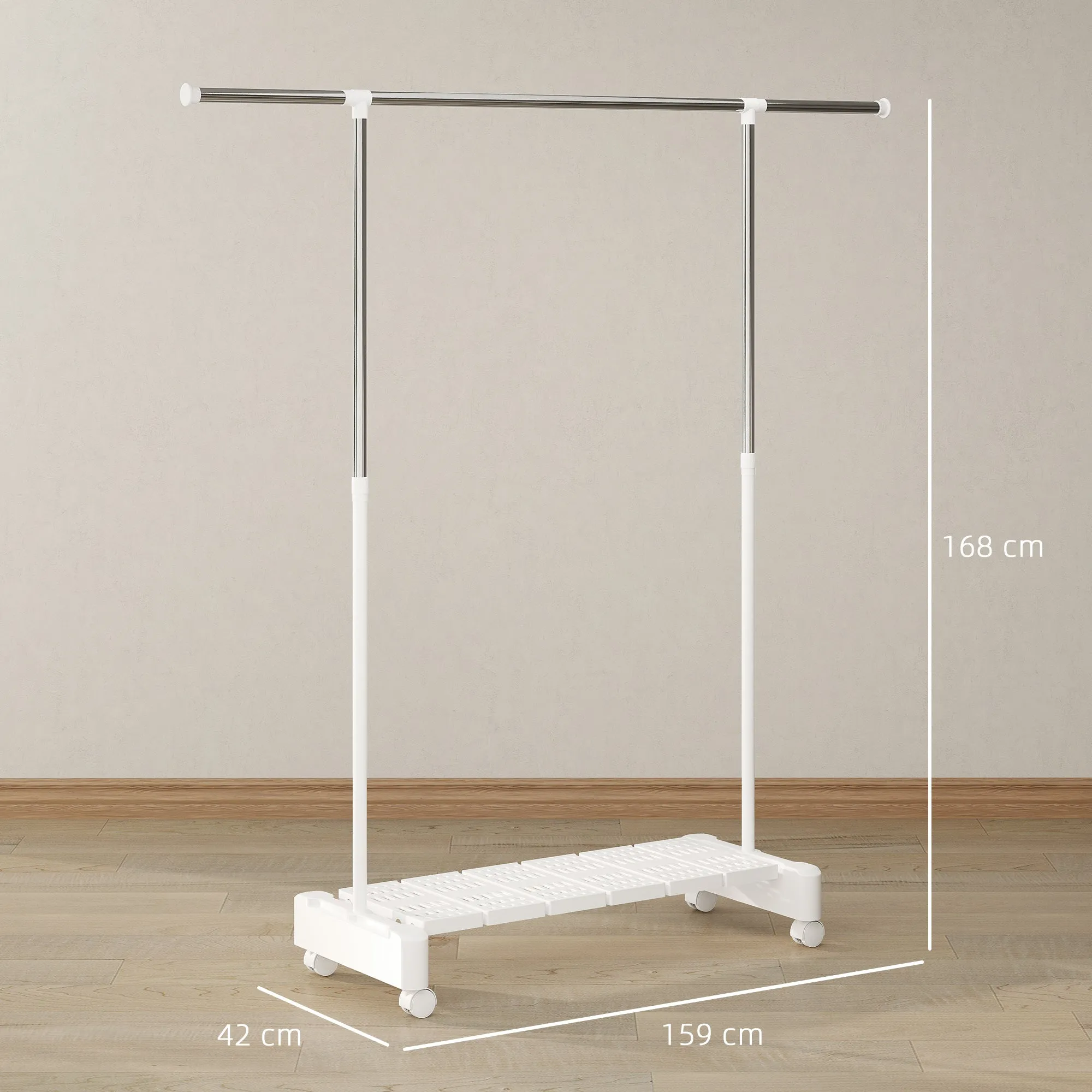 Extendable Clothes Airer with Wheels and Brake, Shoe Rack and Stainless Steel Frame, White - Image 3