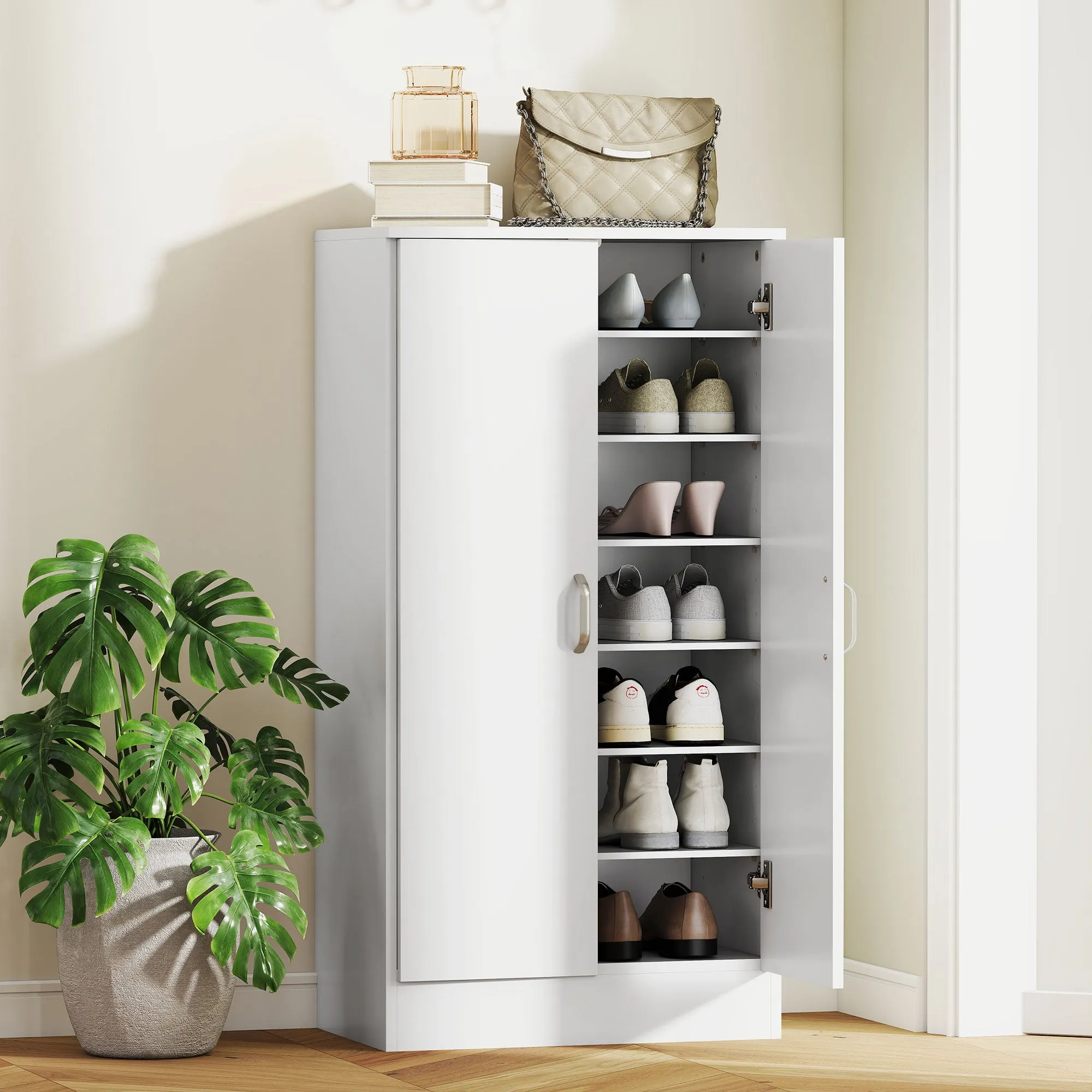 6-Tier Adjustable Shoe Rack in White Wood, 55x35x108 cm - Image 2