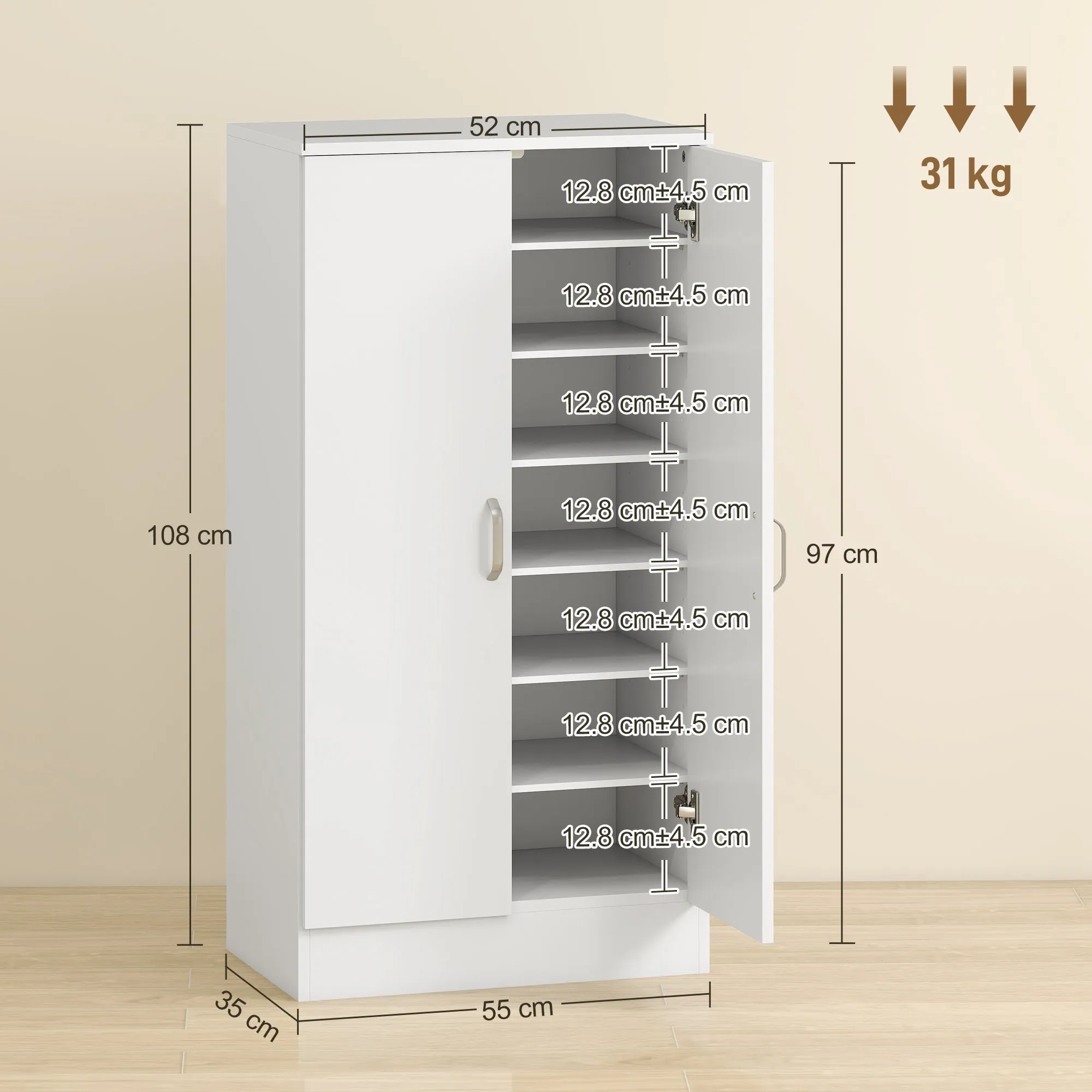 6-Tier Adjustable Shoe Rack in White Wood, 55x35x108 cm - Image 3
