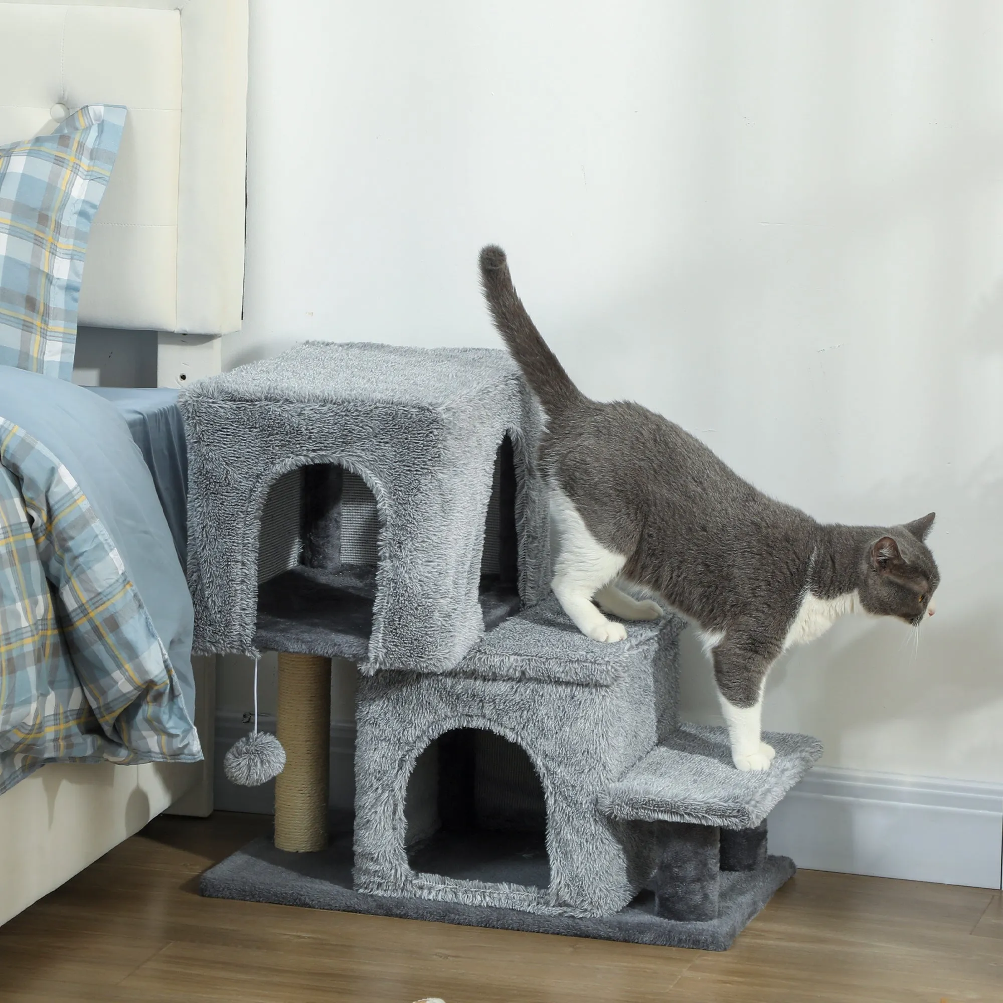 4-Step Height-Adjustable Cat Ladder with 2 Cat Houses, Scratching Post and Ball, Grey - Image 2