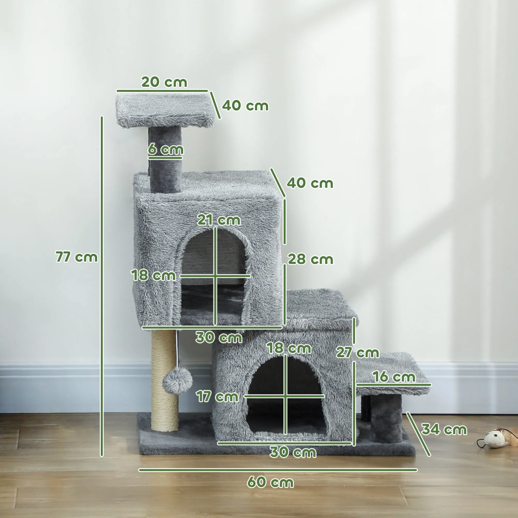 4-Step Height-Adjustable Cat Ladder with 2 Cat Houses, Scratching Post and Ball, Grey - Image 3
