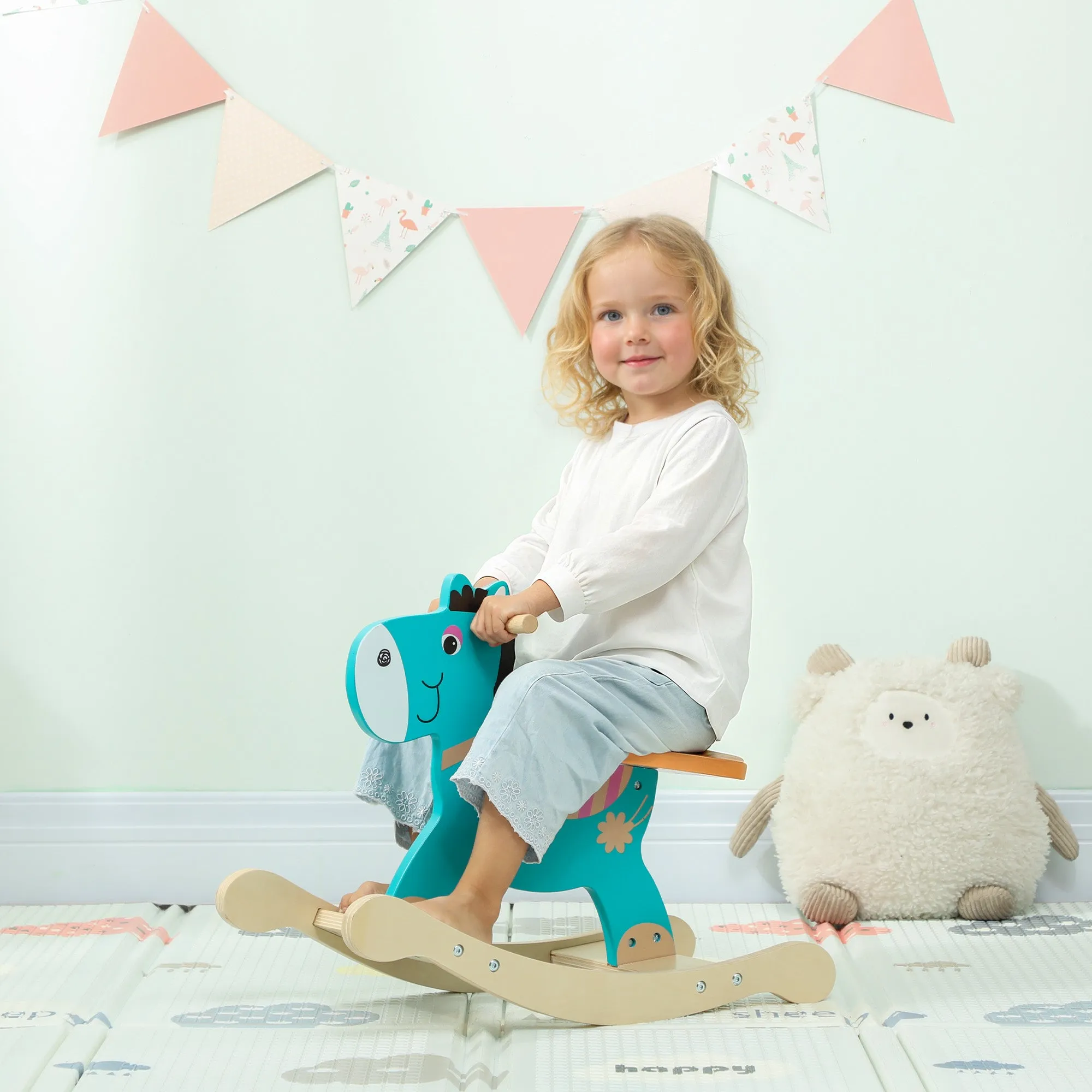Donkey Rocking Horse for Children with Wide Base, Wooden, 59x27x43 cm, Dark Green and Orange - Image 2