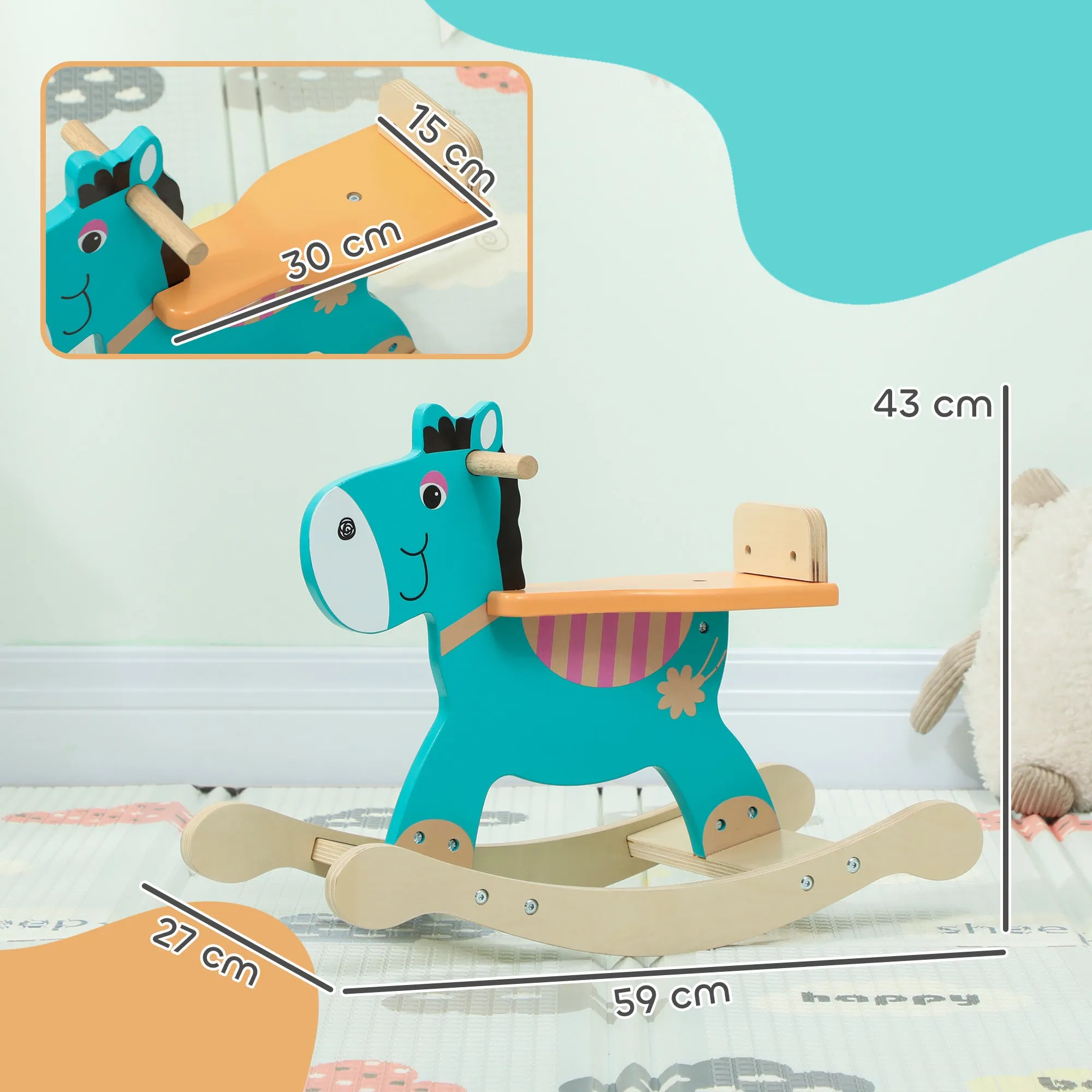 Donkey Rocking Horse for Children with Wide Base, Wooden, 59x27x43 cm, Dark Green and Orange - Image 3