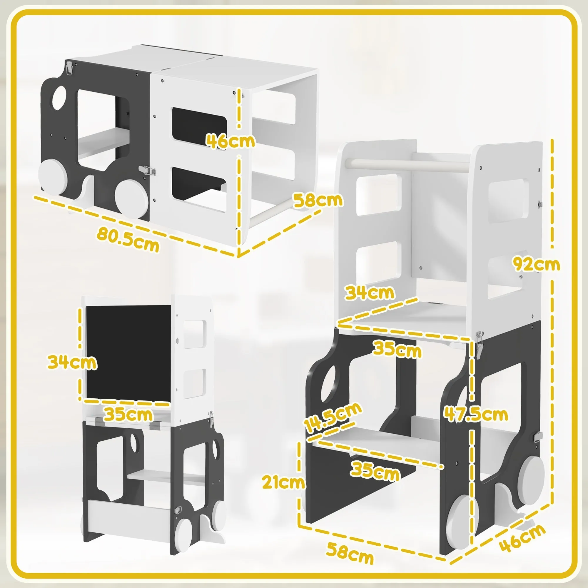 4-in-1 Montessori Ladder for Children with 2 Blackboards and Table and Chair Set, Wooden, 58x46x92 cm, White - Image 3