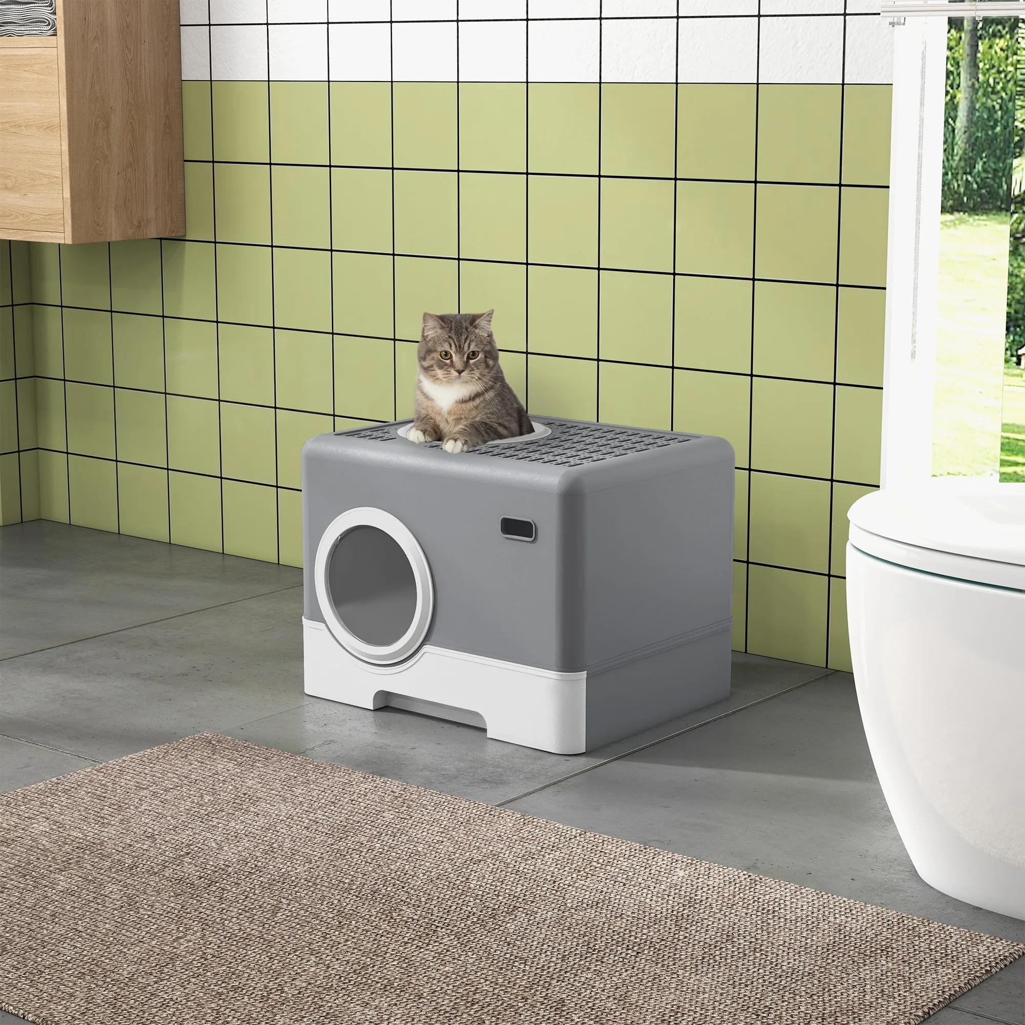 Cat Litter Box with Lid and Scoop, Double Entrance and Removable Tray, 52x41x38.5 cm, Grey - Image 2