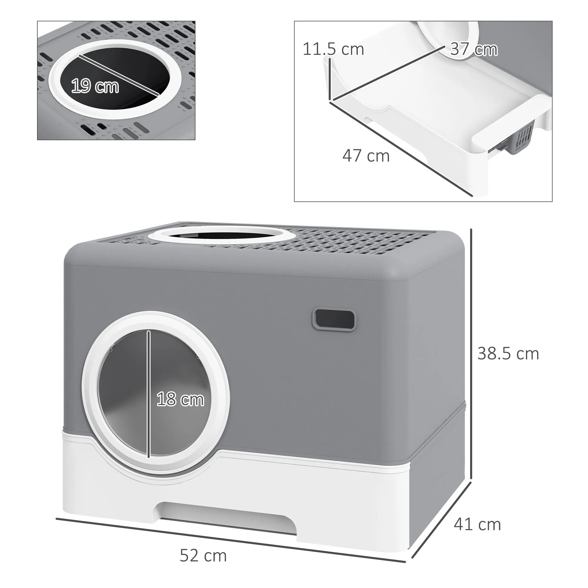 Cat Litter Box with Lid and Scoop, Double Entrance and Removable Tray, 52x41x38.5 cm, Grey - Image 3