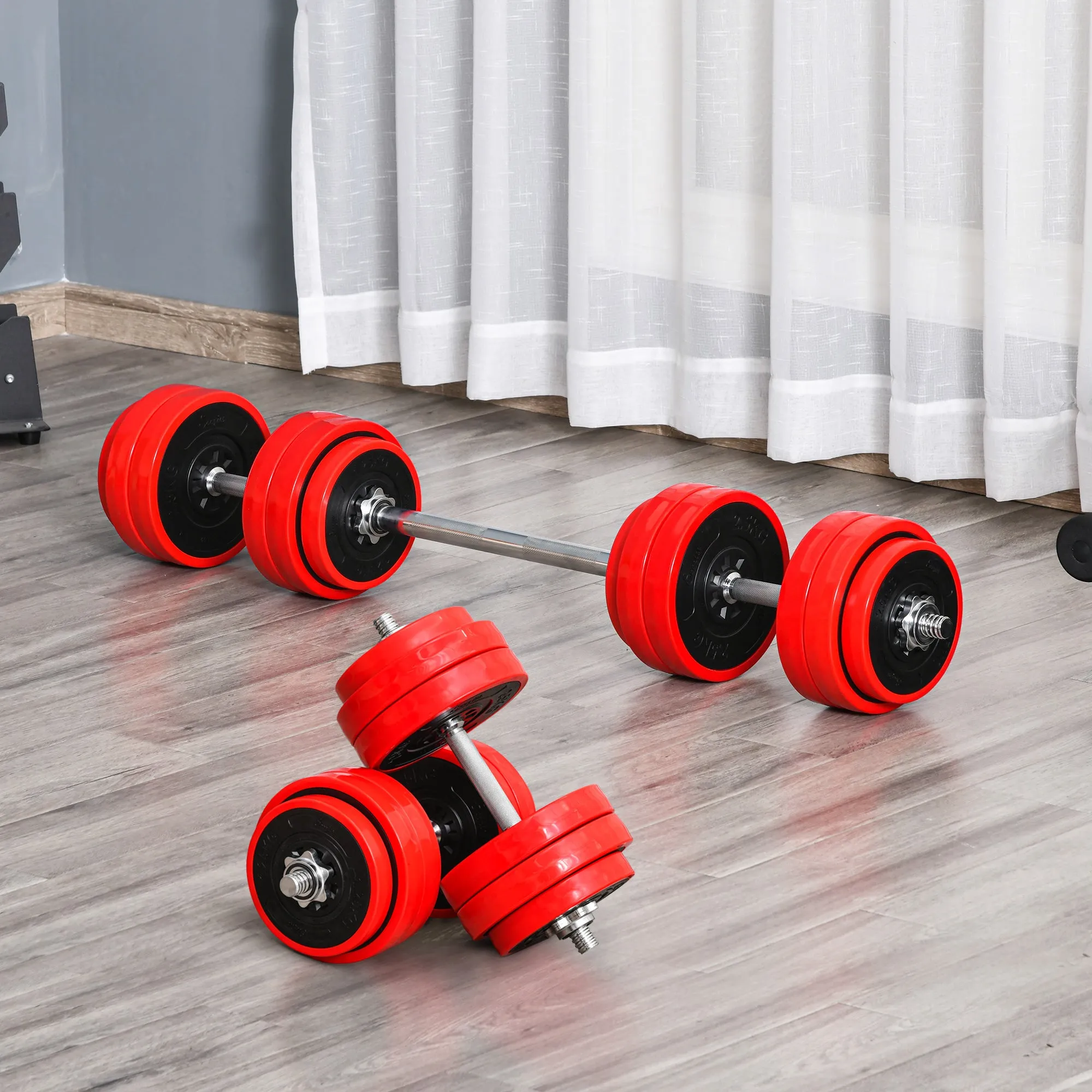 2-in-1 Barbell and Dumbbell Set, 30kg Weights, Discs with Scratch-Resistant Plastic Coating, Red and Black - Image 2