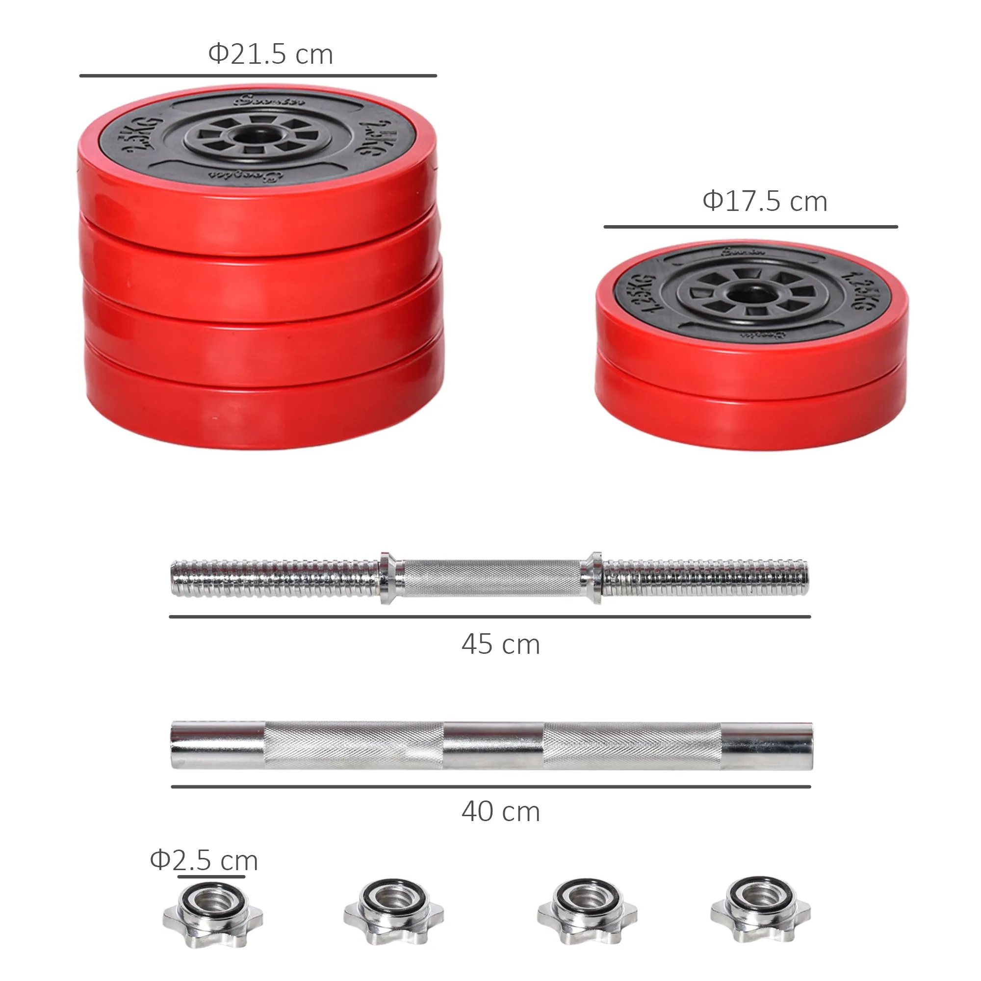 2-in-1 Barbell and Dumbbell Set, 30kg Weights, Discs with Scratch-Resistant Plastic Coating, Red and Black - Image 3