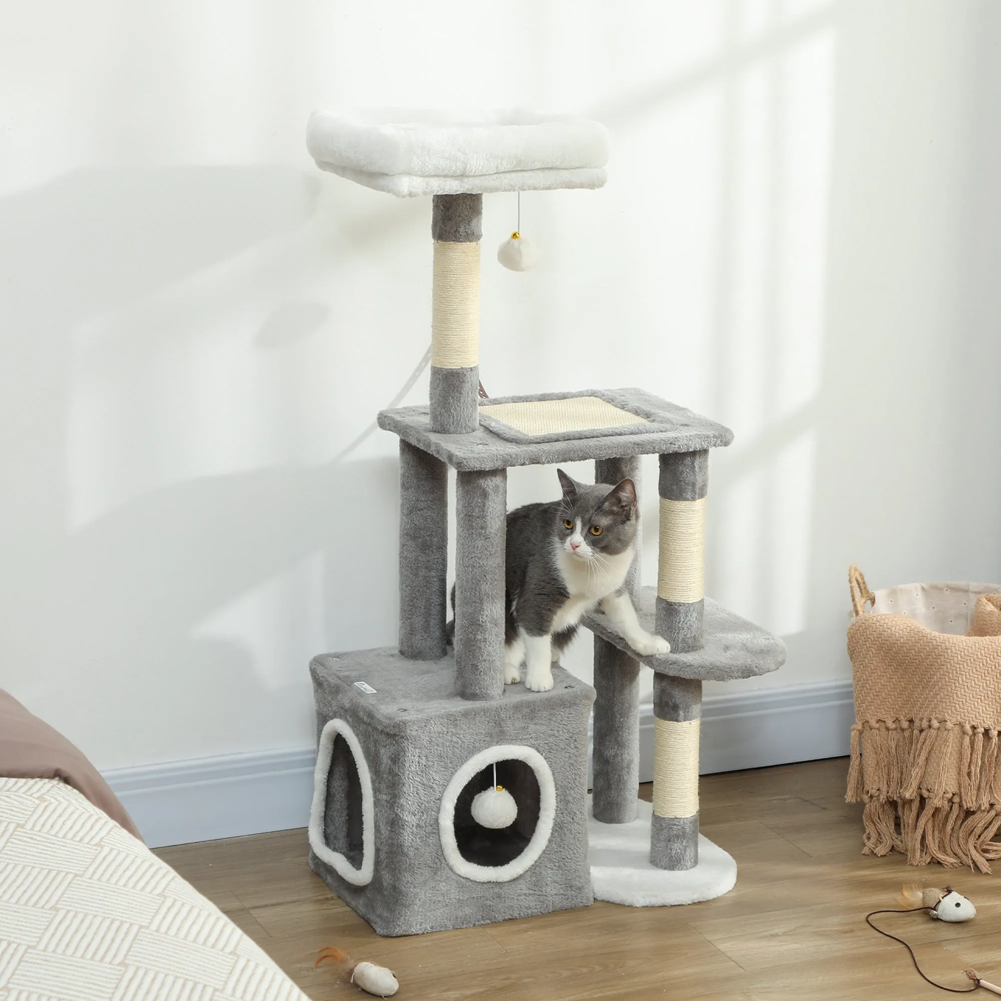 Cat Scratching Tree with House, Bed and 2 Balls, Made of Wood and Plush, 55x40x107 cm, Grey and White - Image 2