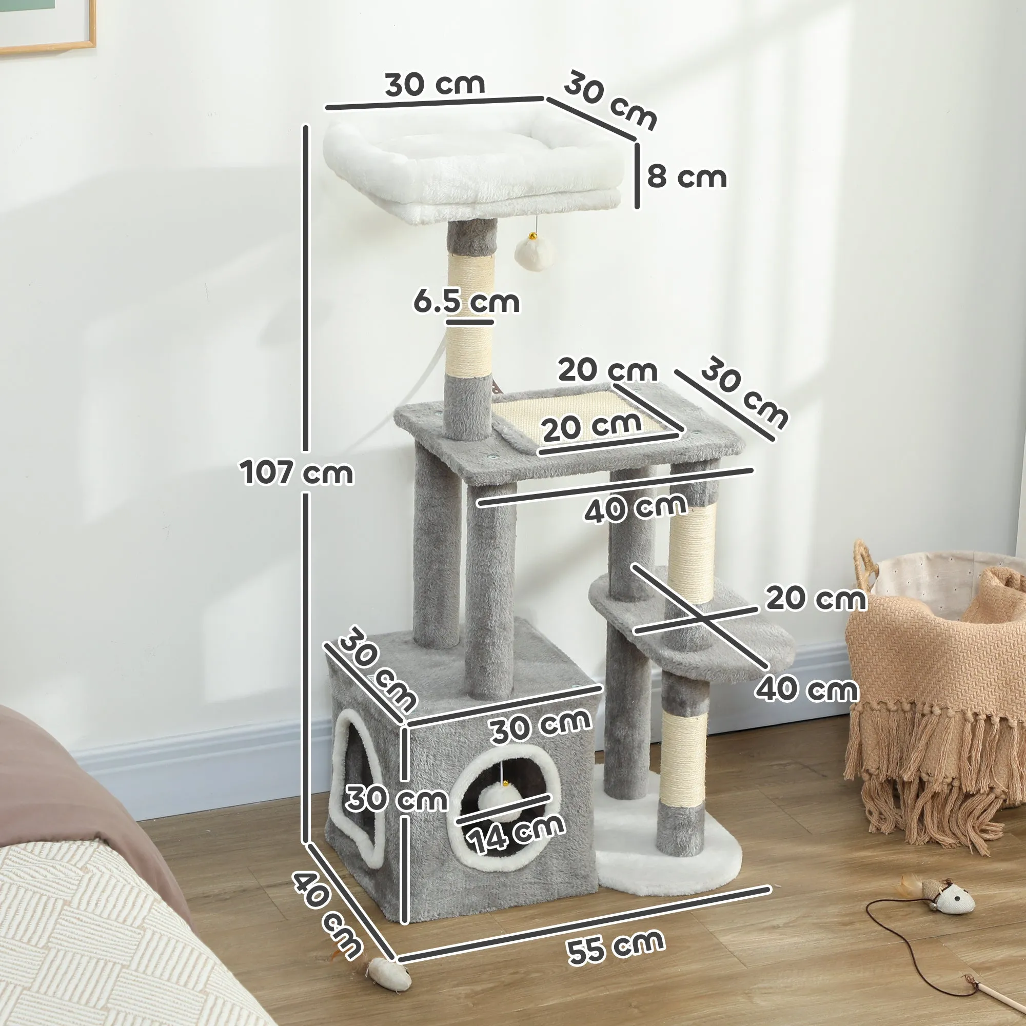 Cat Scratching Tree with House, Bed and 2 Balls, Made of Wood and Plush, 55x40x107 cm, Grey and White - Image 3