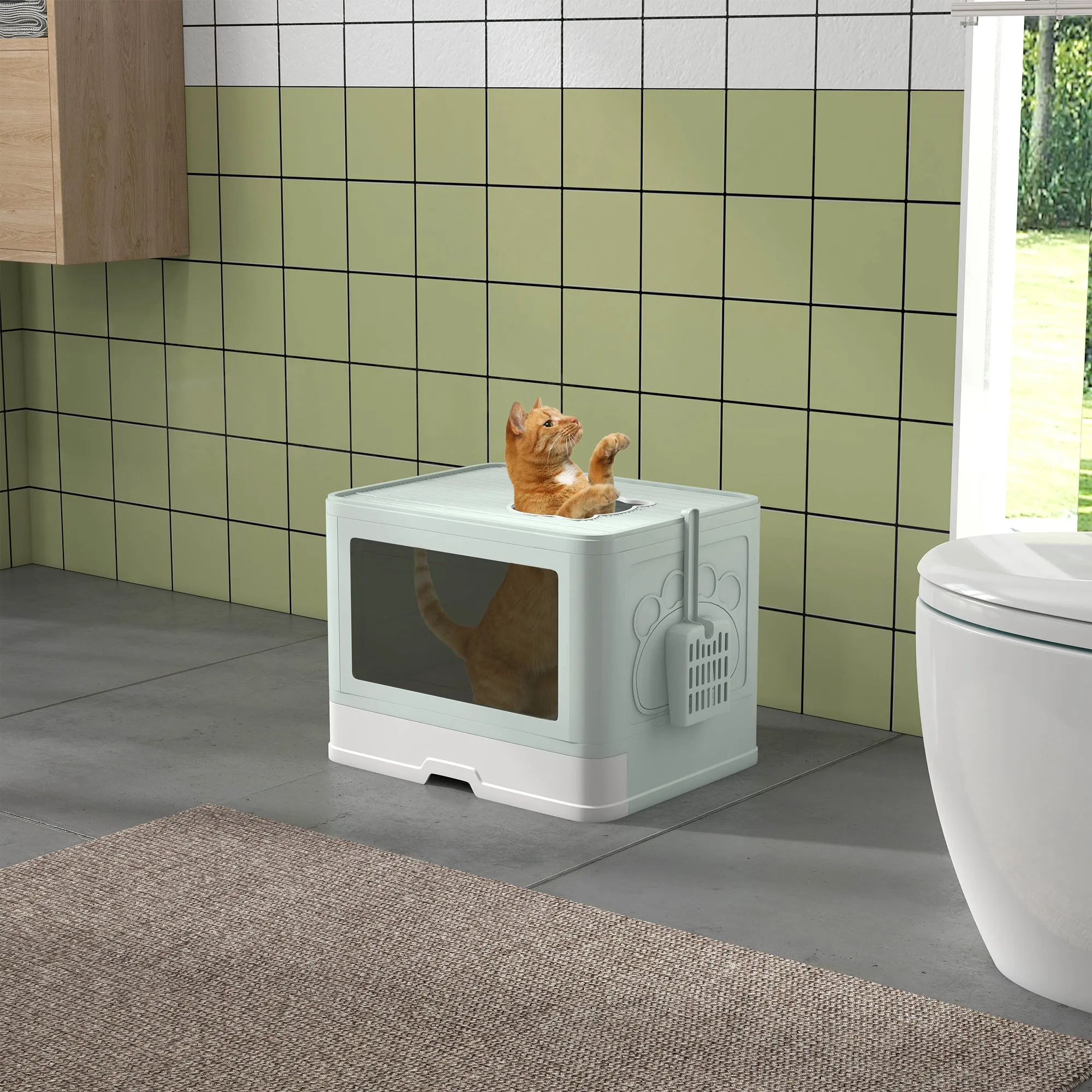 Cat Litter Box with Lid and Double Entry, Removable Tray, Scoop and Brush, Green - Image 2