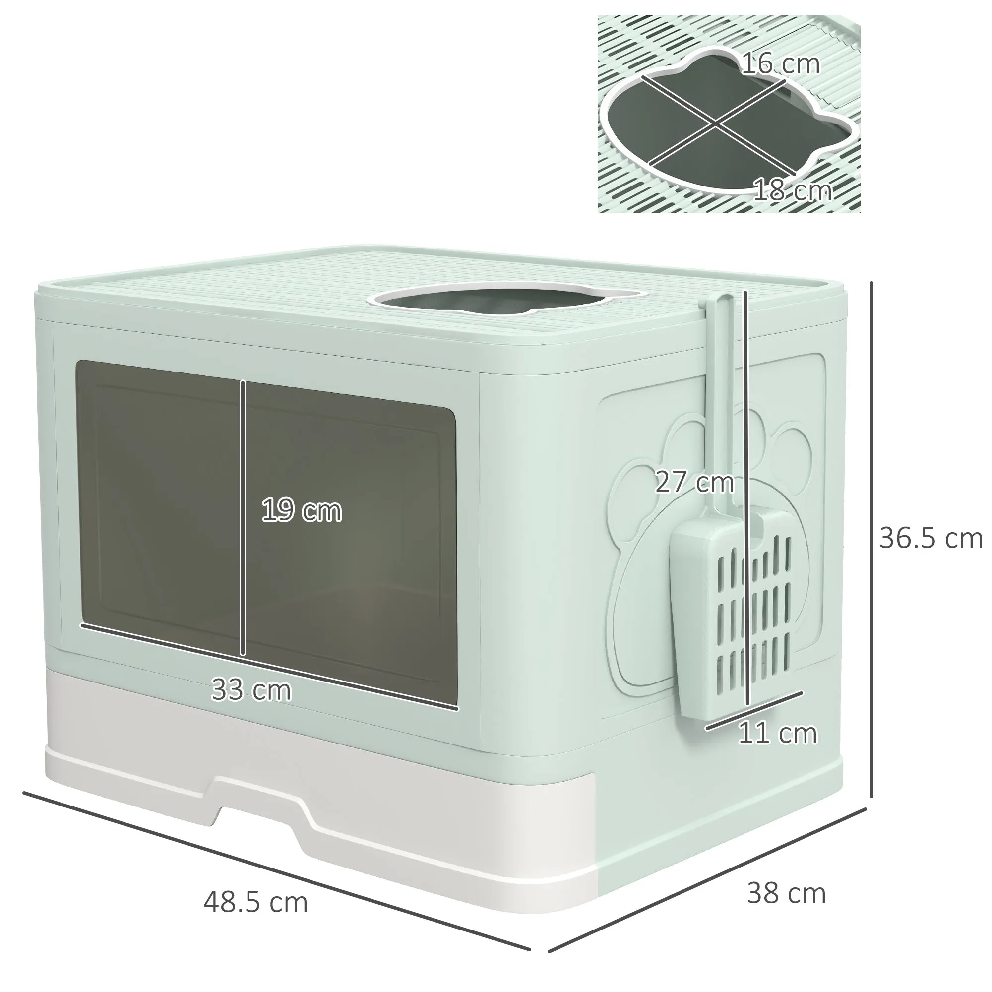 Cat Litter Box with Lid and Double Entry, Removable Tray, Scoop and Brush, Green - Image 3