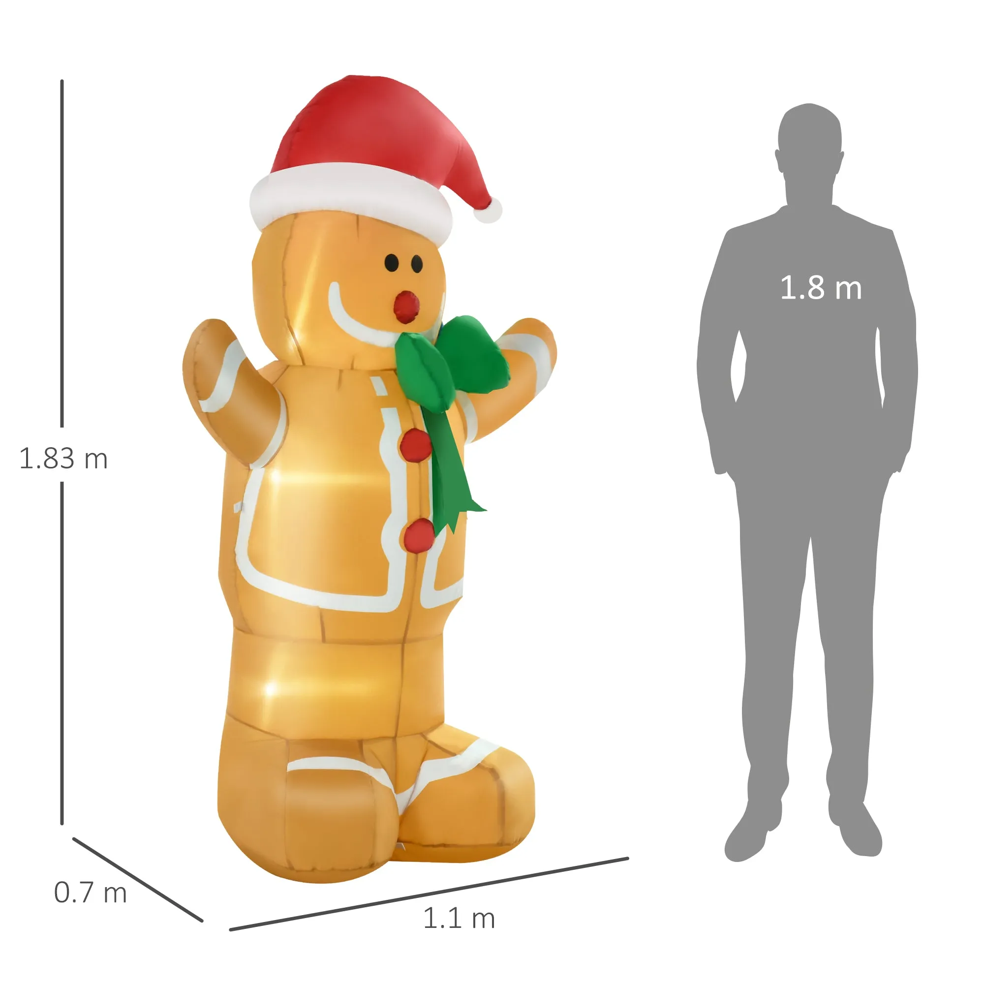 183cm Inflatable Gingerbread Man with Built-in LED Lights, Outdoor Christmas Decoration - Image 3