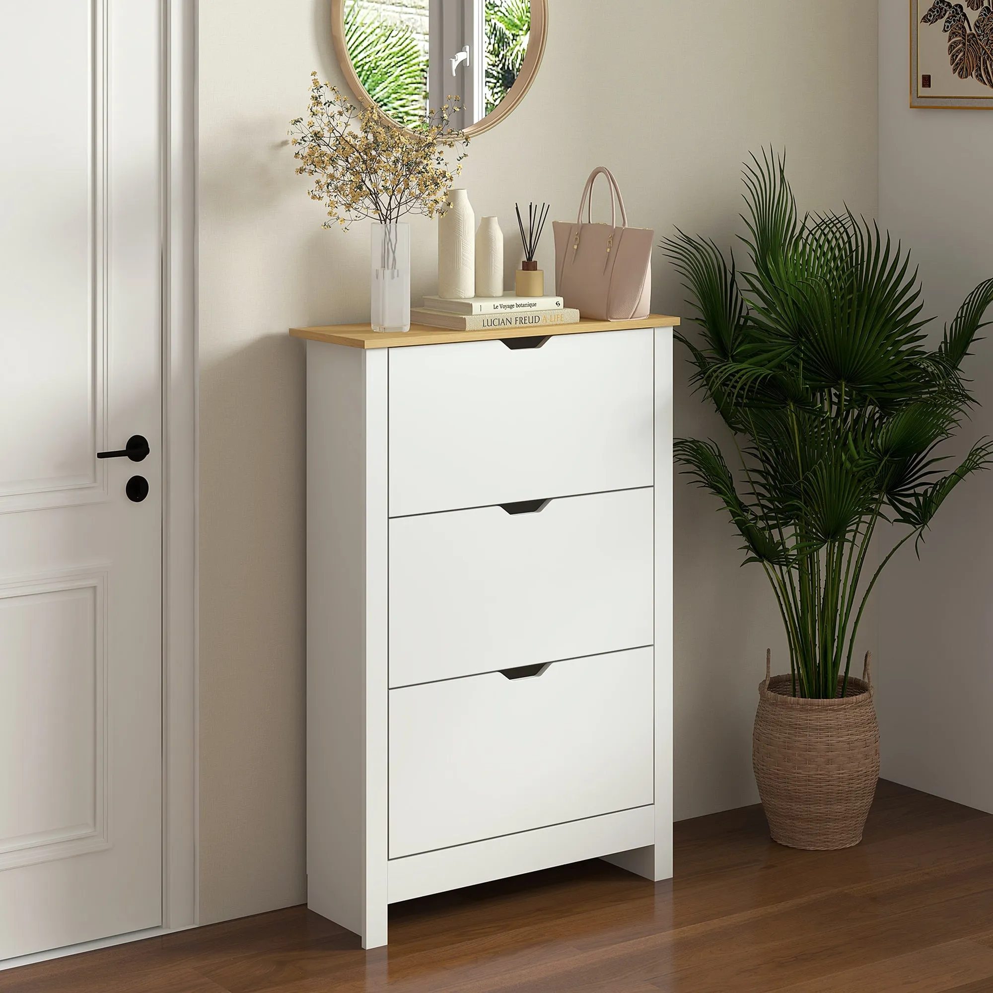 Slim Shoe Rack for 18 Pairs of Shoes, 3 Drawers with 2 Adjustable and Removable Shelves, 72x26x112 cm, White - Image 2