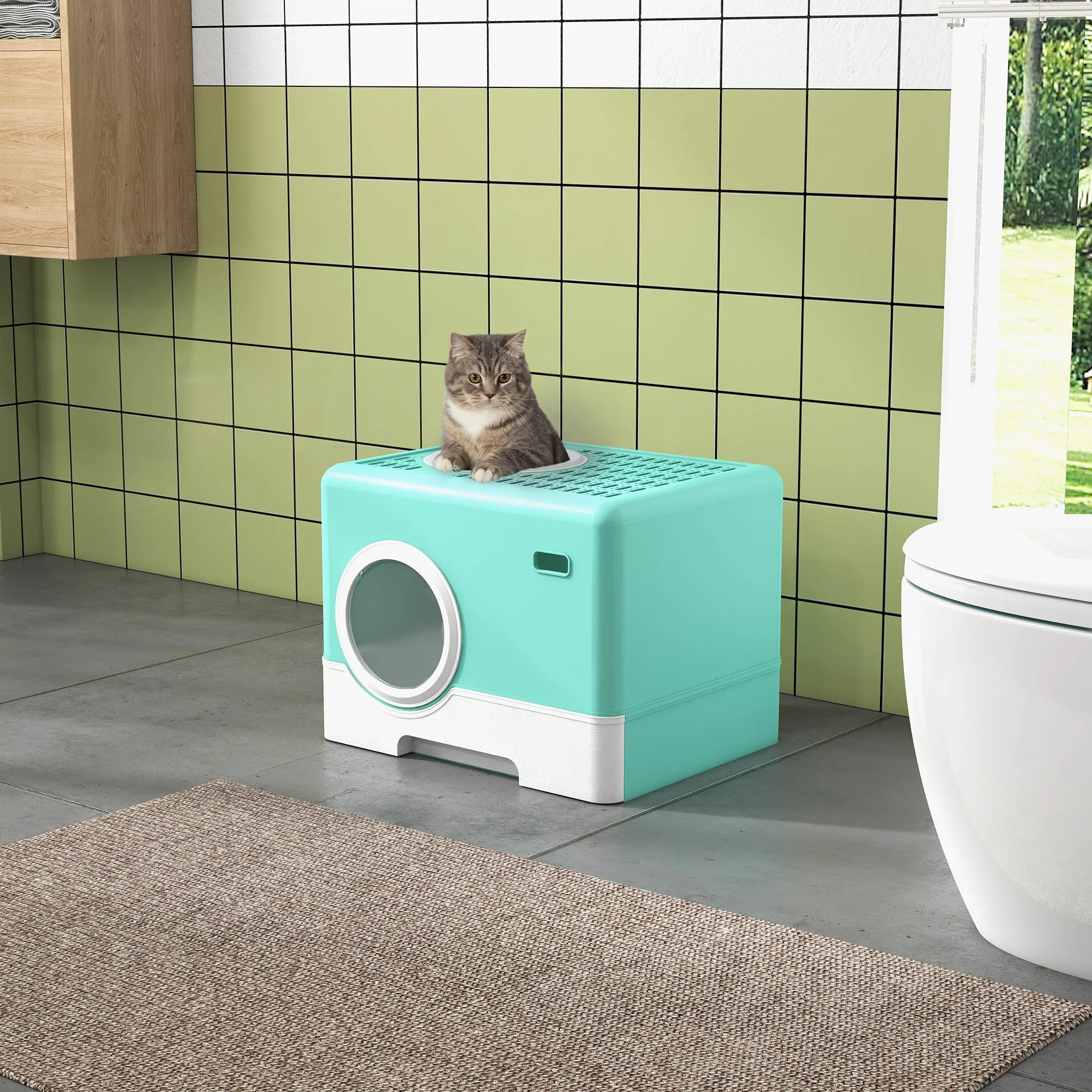 Cat Litter Box with Lid and Scoop, Double Entrance and Removable Tray, 52x41x38.5 cm, Green - Image 2