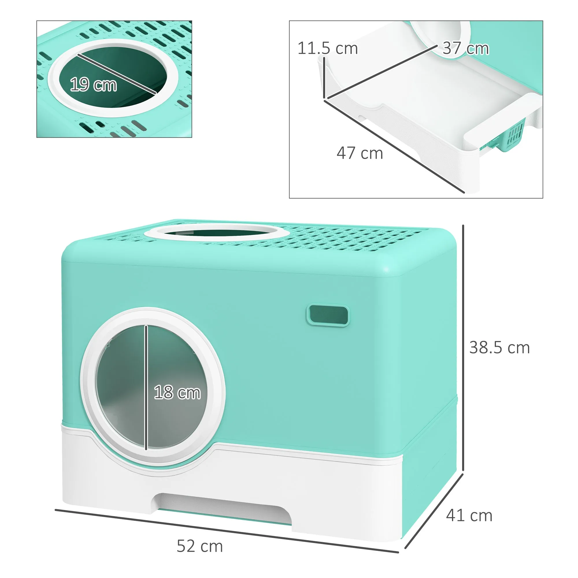 Cat Litter Box with Lid and Scoop, Double Entrance and Removable Tray, 52x41x38.5 cm, Green - Image 3