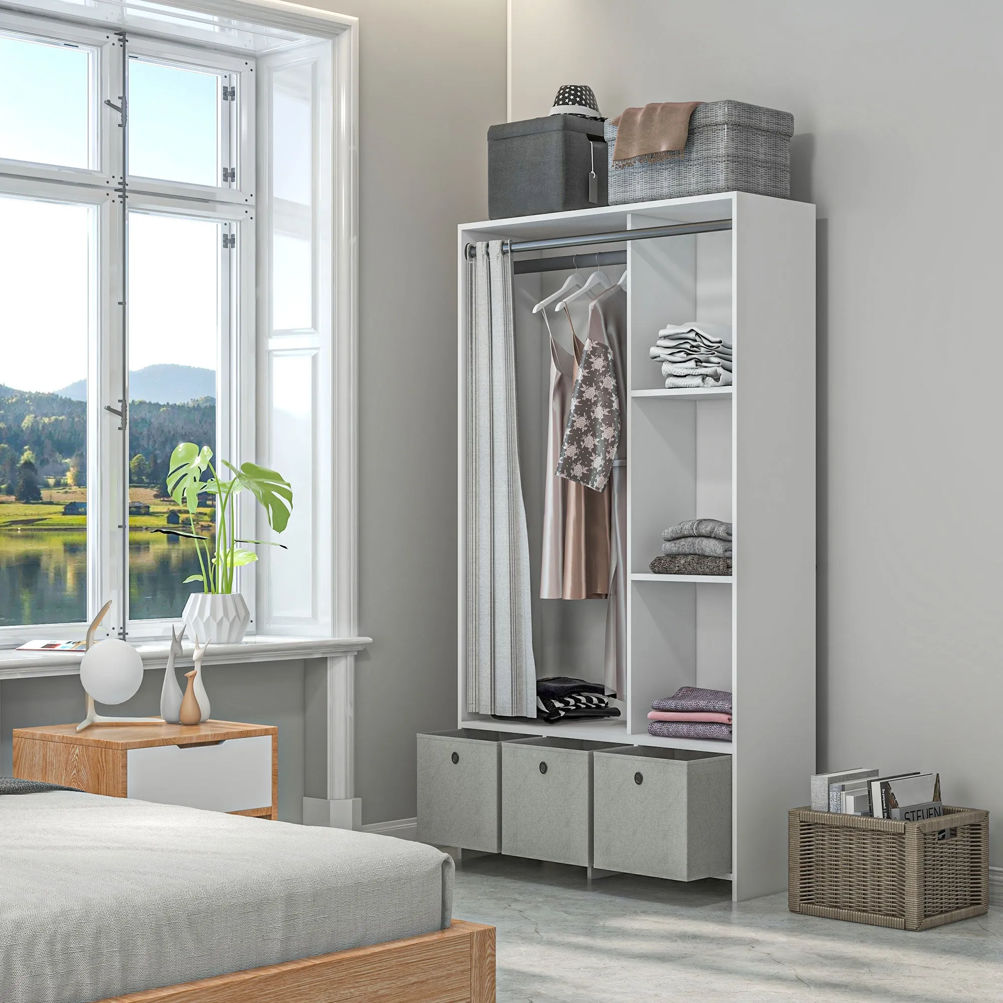 Wardrobe with Hanging Rail, 3 Fabric Drawers and 3 Shelves, 105x48x160 cm, White and Grey - Image 2