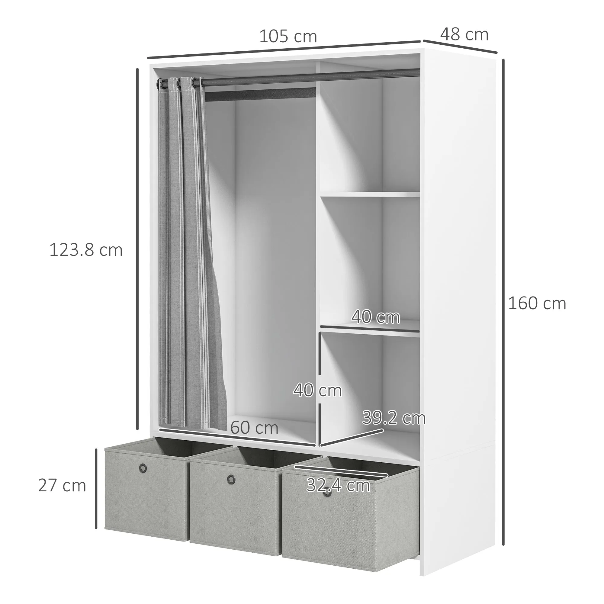 Wardrobe with Hanging Rail, 3 Fabric Drawers and 3 Shelves, 105x48x160 cm, White and Grey - Image 3