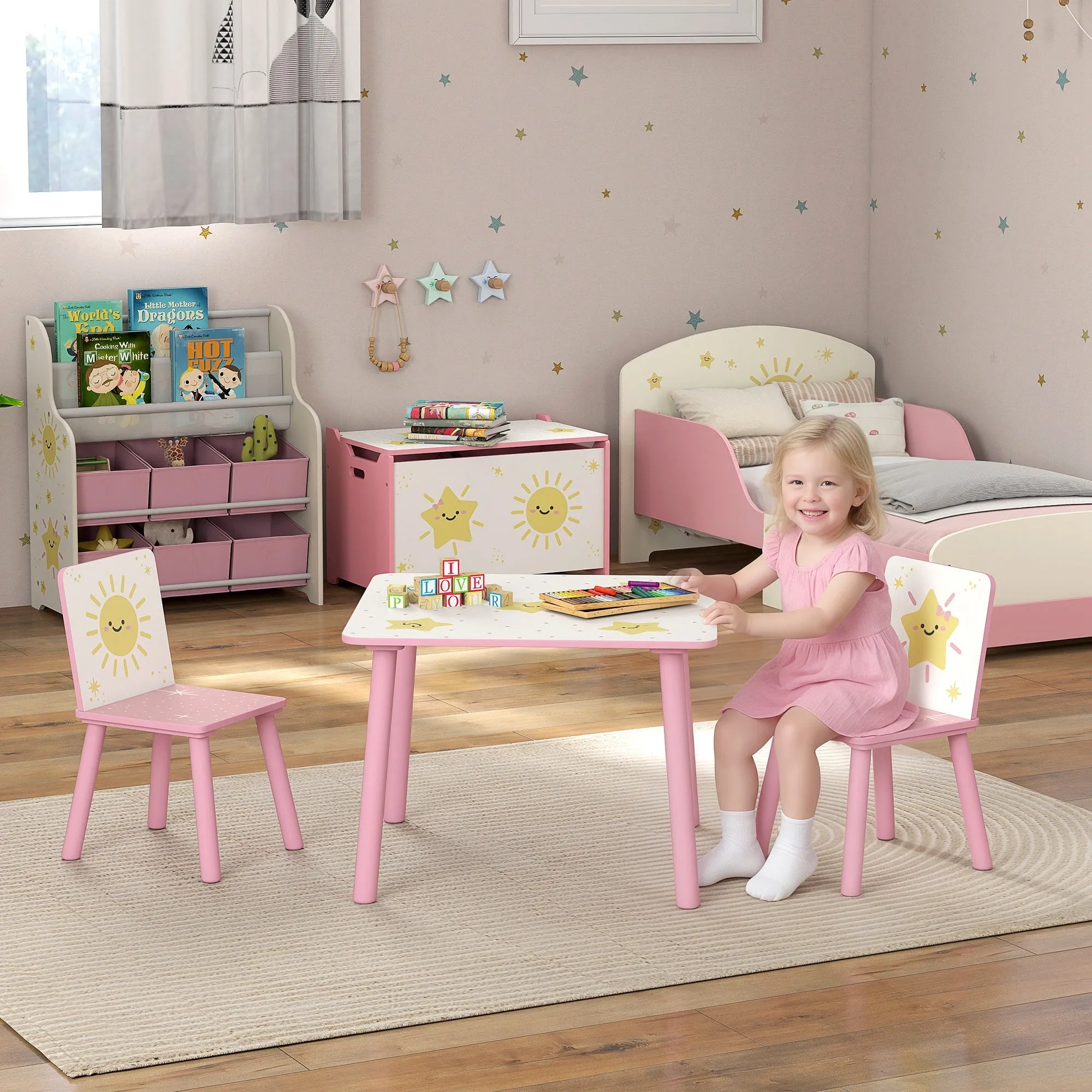 Children's Room Furniture Set with Table and 2 Chairs for Children Ages 3-8 with Star Pattern, Pink - Image 2