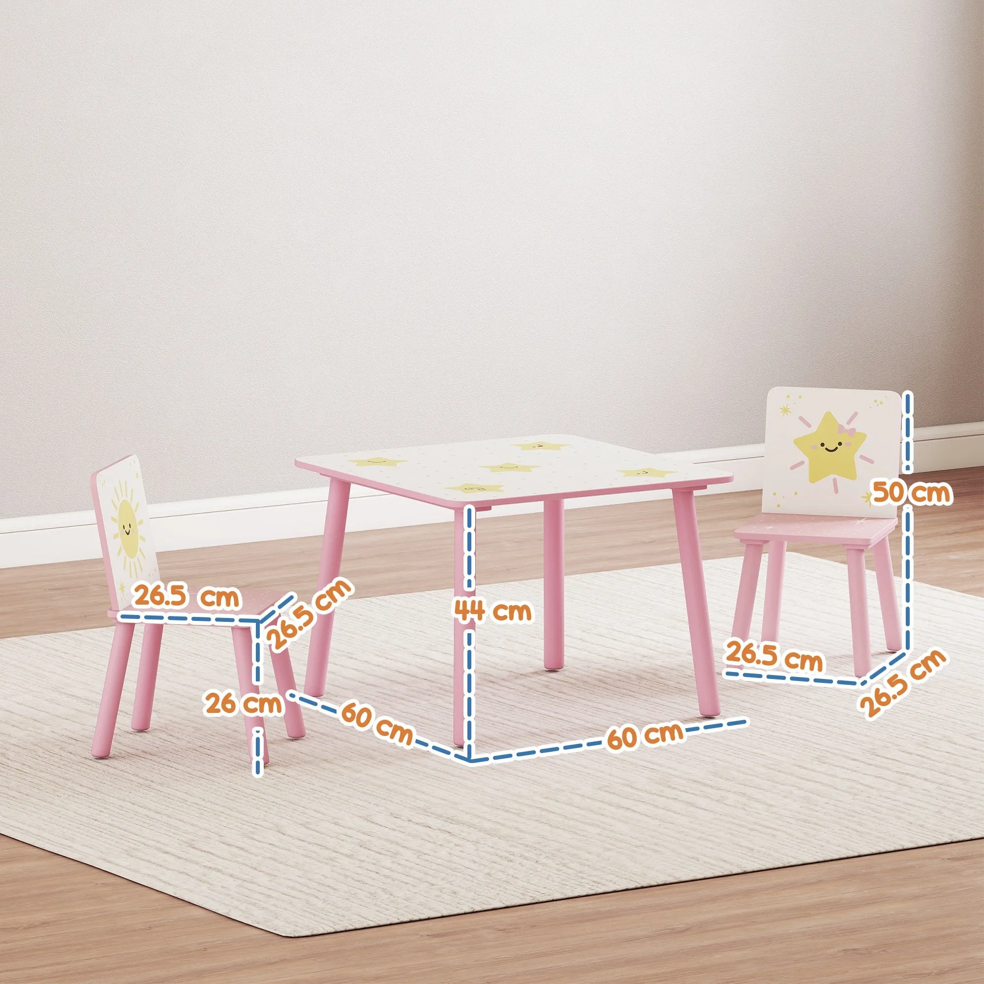 Children's Room Furniture Set with Table and 2 Chairs for Children Ages 3-8 with Star Pattern, Pink - Image 3