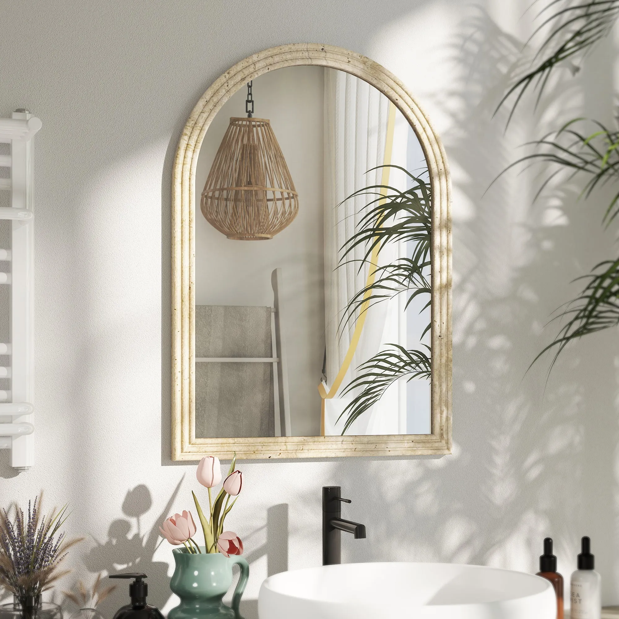 Arched Wall Mirror with Fluted Edge and Hooks, Glass and Polystyrene, 60x2x90 cm, Beige - Image 2