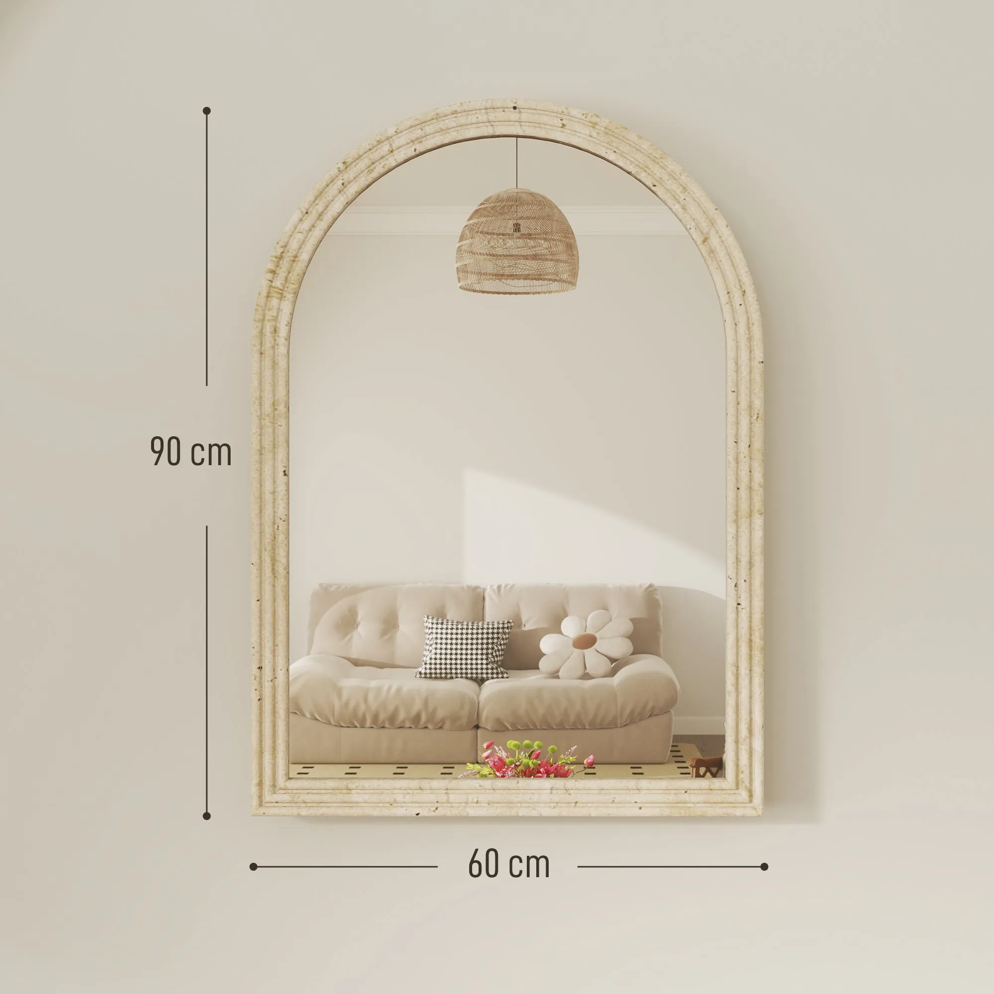 Arched Wall Mirror with Fluted Edge and Hooks, Glass and Polystyrene, 60x2x90 cm, Beige - Image 3