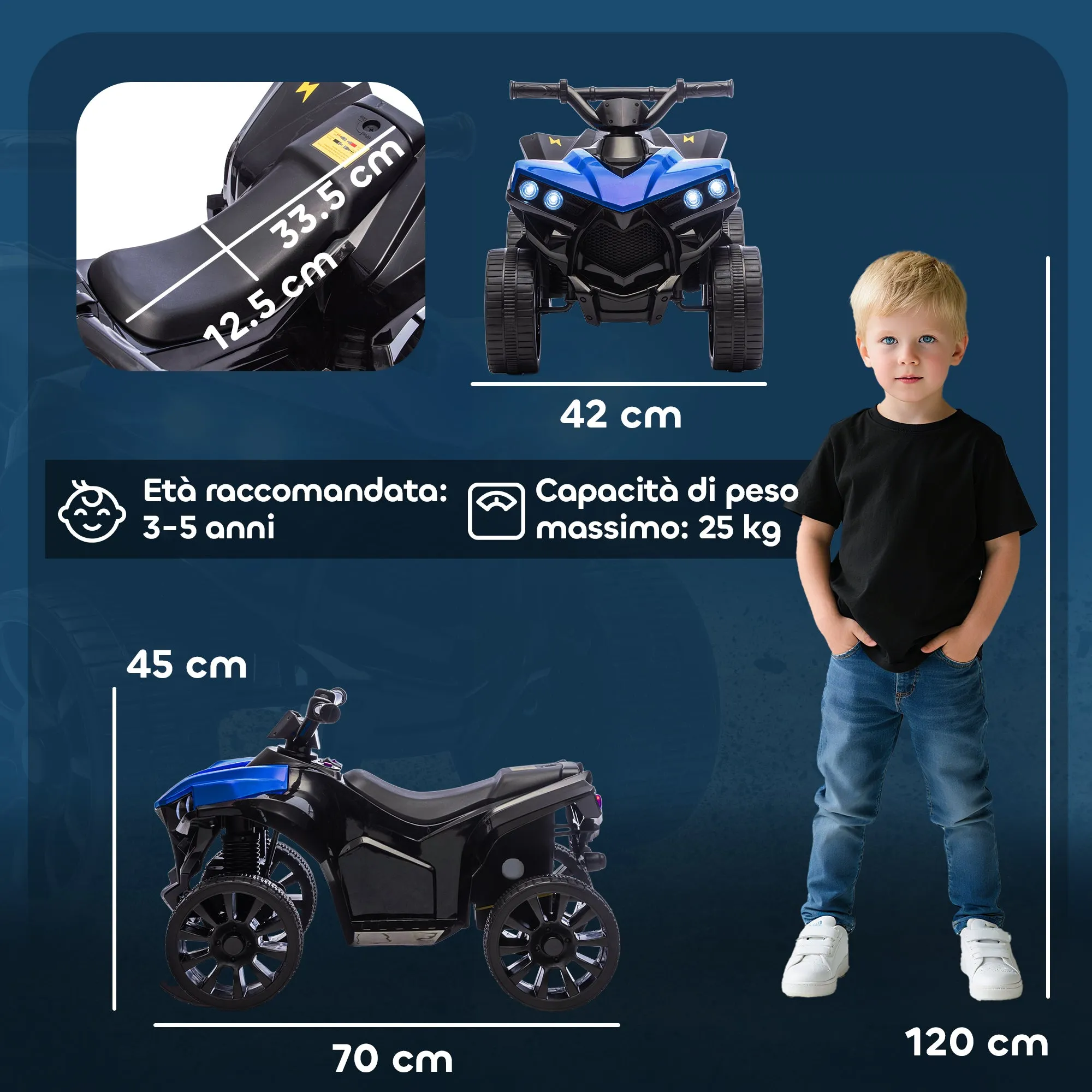 Kids Electric Quad Bike ATV with 6V Rechargeable Battery, LED Headlights and Music, Ages 3-8 Years, Blue - Image 3