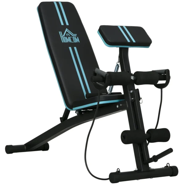 Folding Multifunctional Bench with 7-Level Adjustable Backrest, Leg Extension, Pad and Elastic Bands, Blue