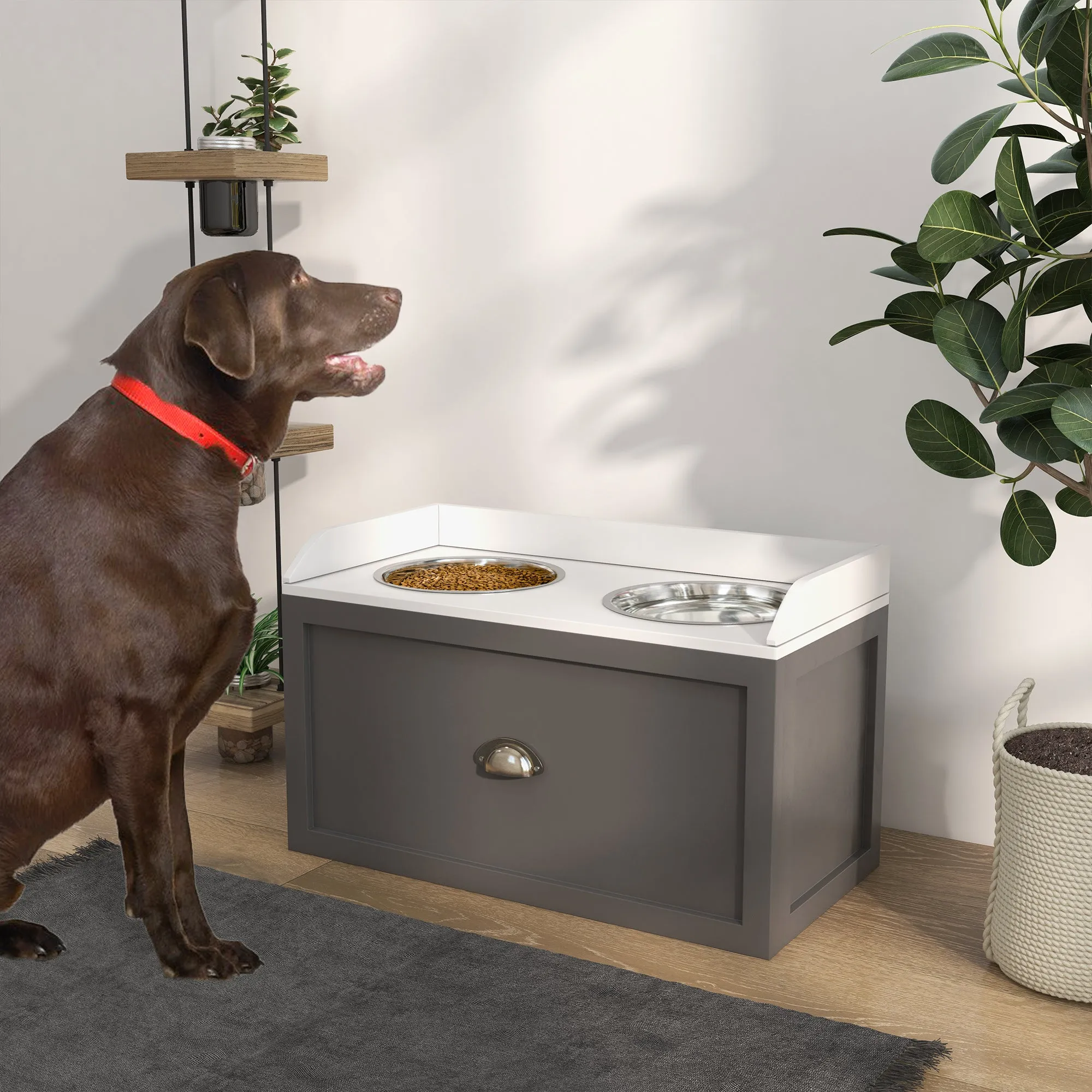 Stainless Steel and Wood Raised Dog Bowls with Drawer, 60x30x36cm, Grey - Image 2