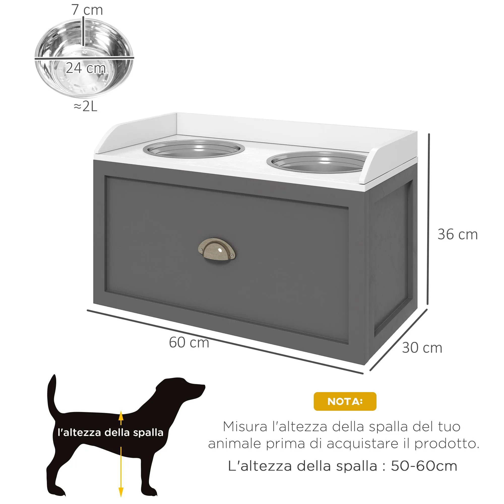 Stainless Steel and Wood Raised Dog Bowls with Drawer, 60x30x36cm, Grey - Image 3