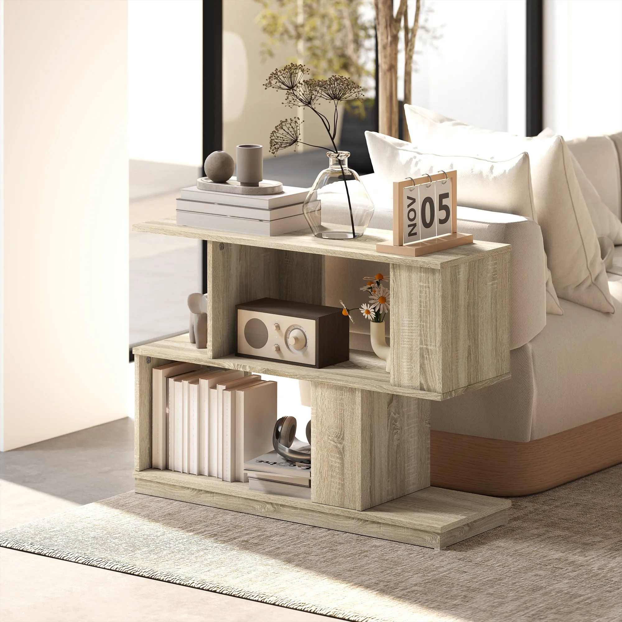 Modern S-Shaped Coffee Table with 3 Shelves for Living Room and Lounge, 90x30x61 cm, Wood - Image 2