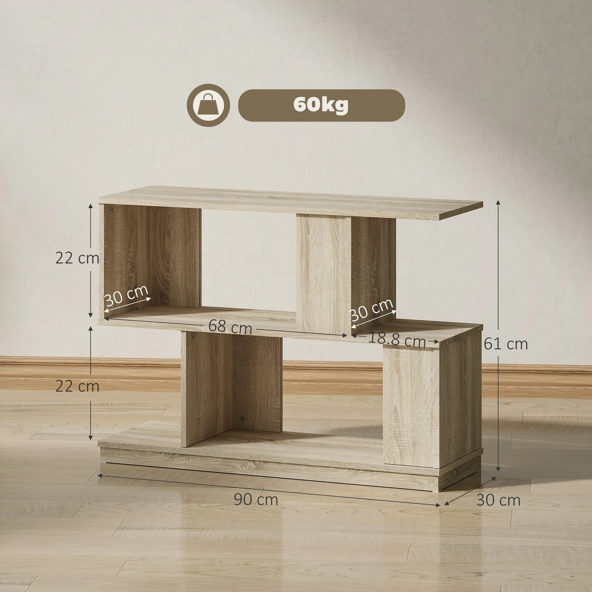 Modern S-Shaped Coffee Table with 3 Shelves for Living Room and Lounge, 90x30x61 cm, Wood - Image 3