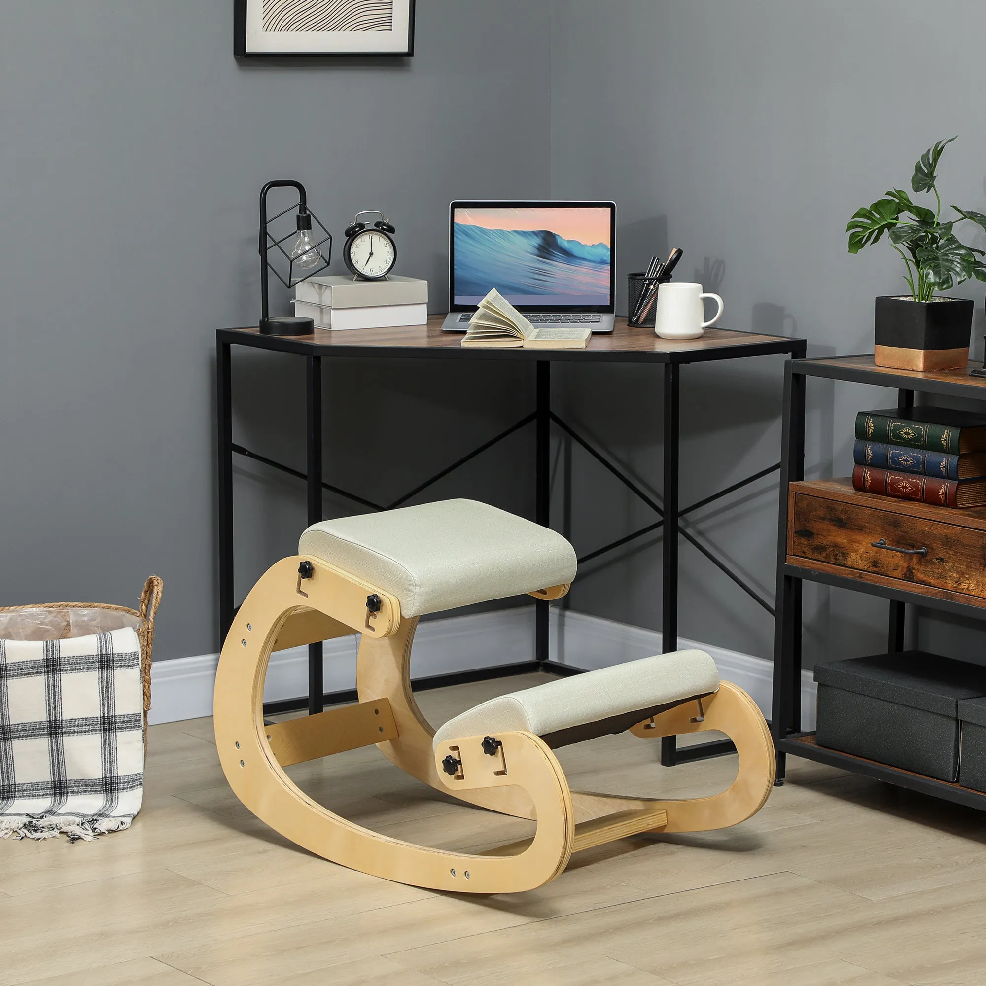 6-Position Adjustable Kneeling Chair in Linen-Effect Fabric and Birch Wood, 55x85x55 cm, Cream - Image 2