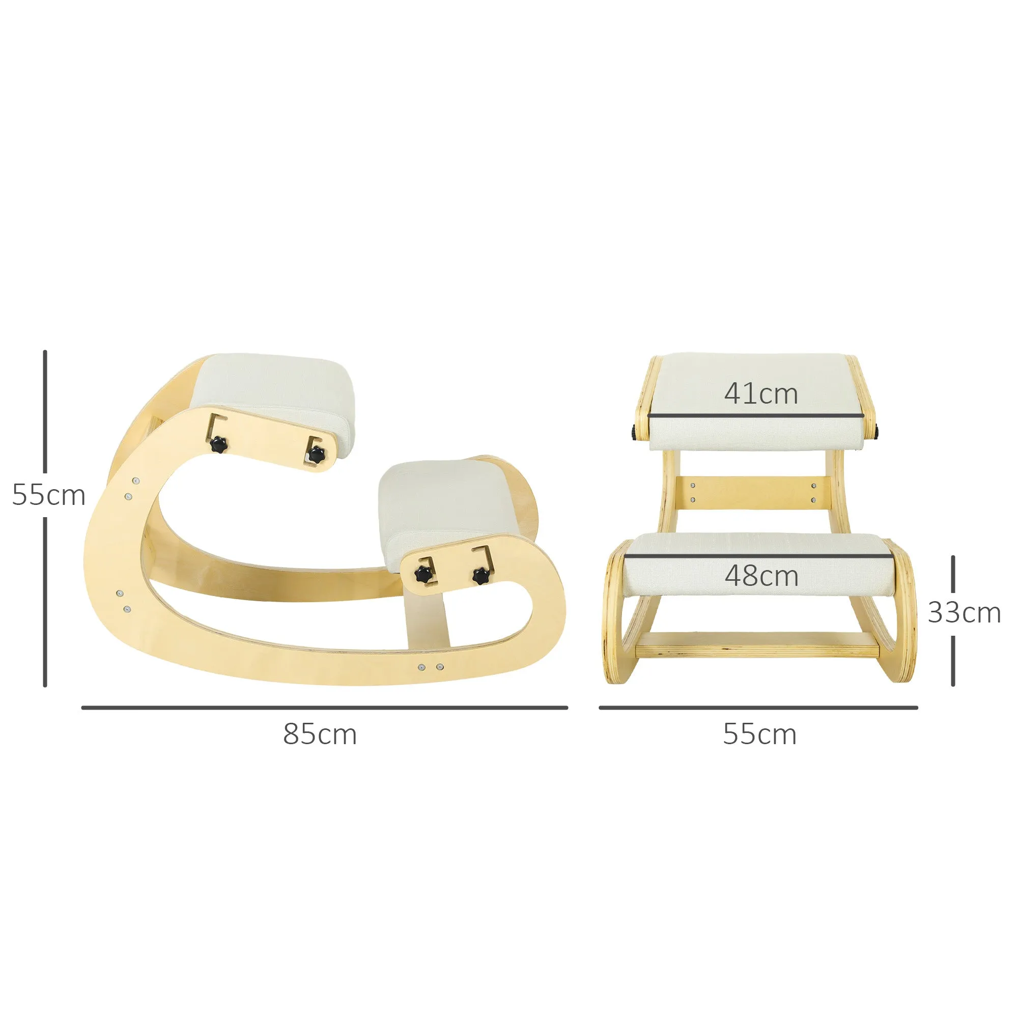 6-Position Adjustable Kneeling Chair in Linen-Effect Fabric and Birch Wood, 55x85x55 cm, Cream - Image 3