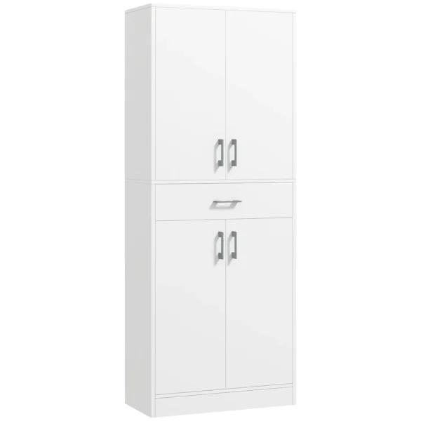 Tall Kitchen Sideboard with 2 Cabinets and a Central Drawer, Adjustable Shelves and 4 Doors in Total, White
