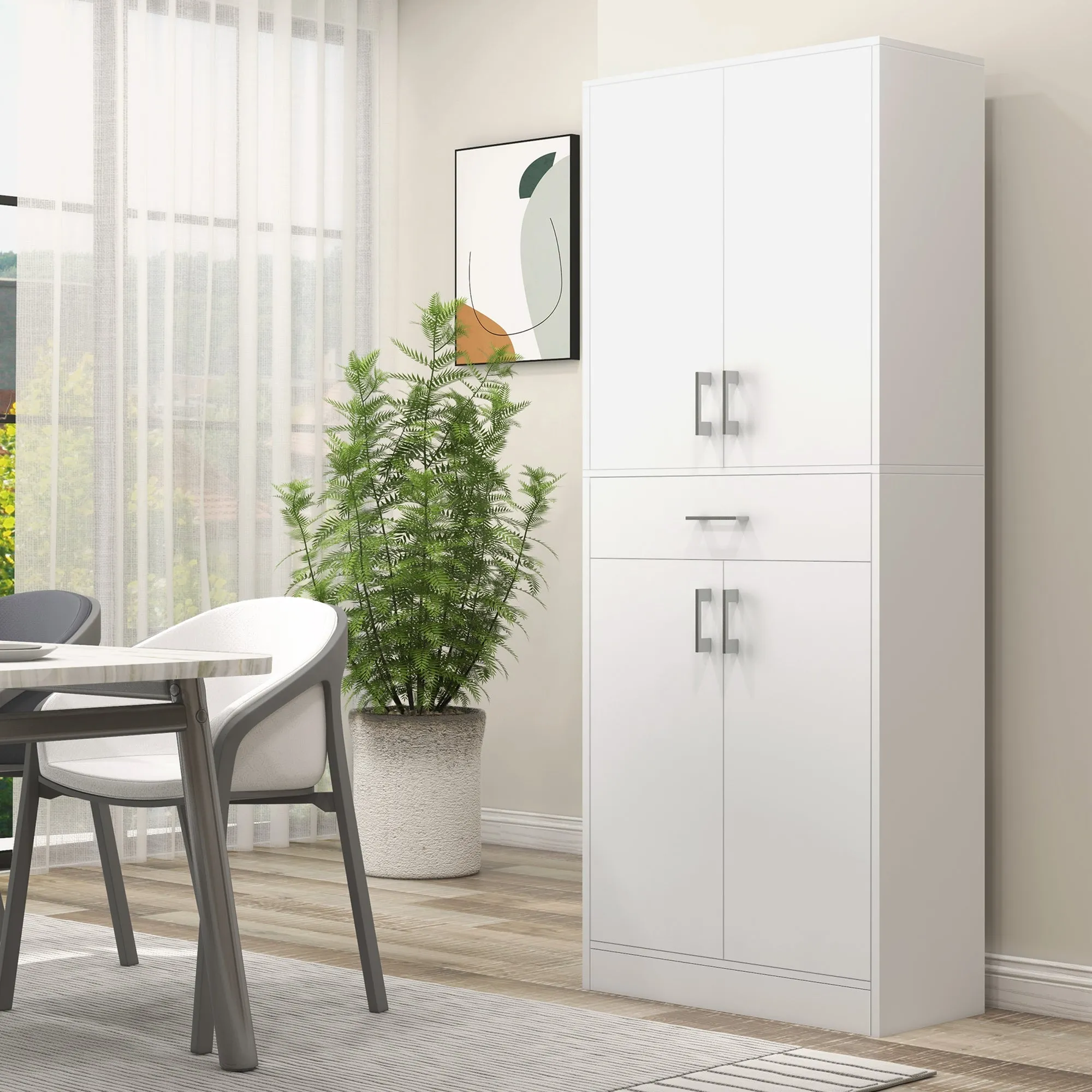Tall Kitchen Sideboard with 2 Cabinets and a Central Drawer, Adjustable Shelves and 4 Doors in Total, White - Image 2