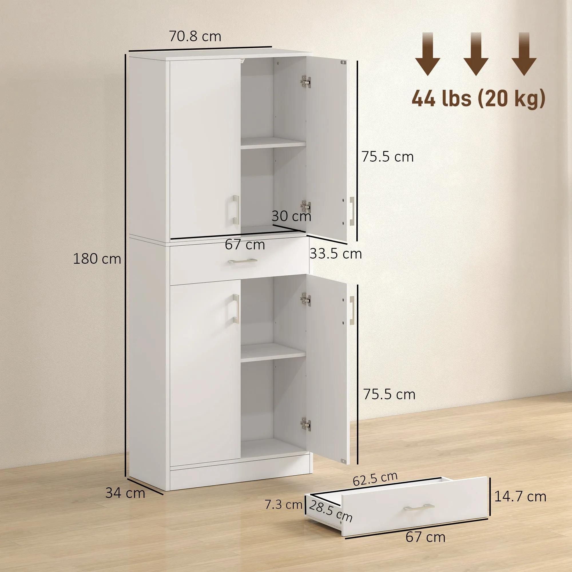Tall Kitchen Sideboard with 2 Cabinets and a Central Drawer, Adjustable Shelves and 4 Doors in Total, White - Image 3